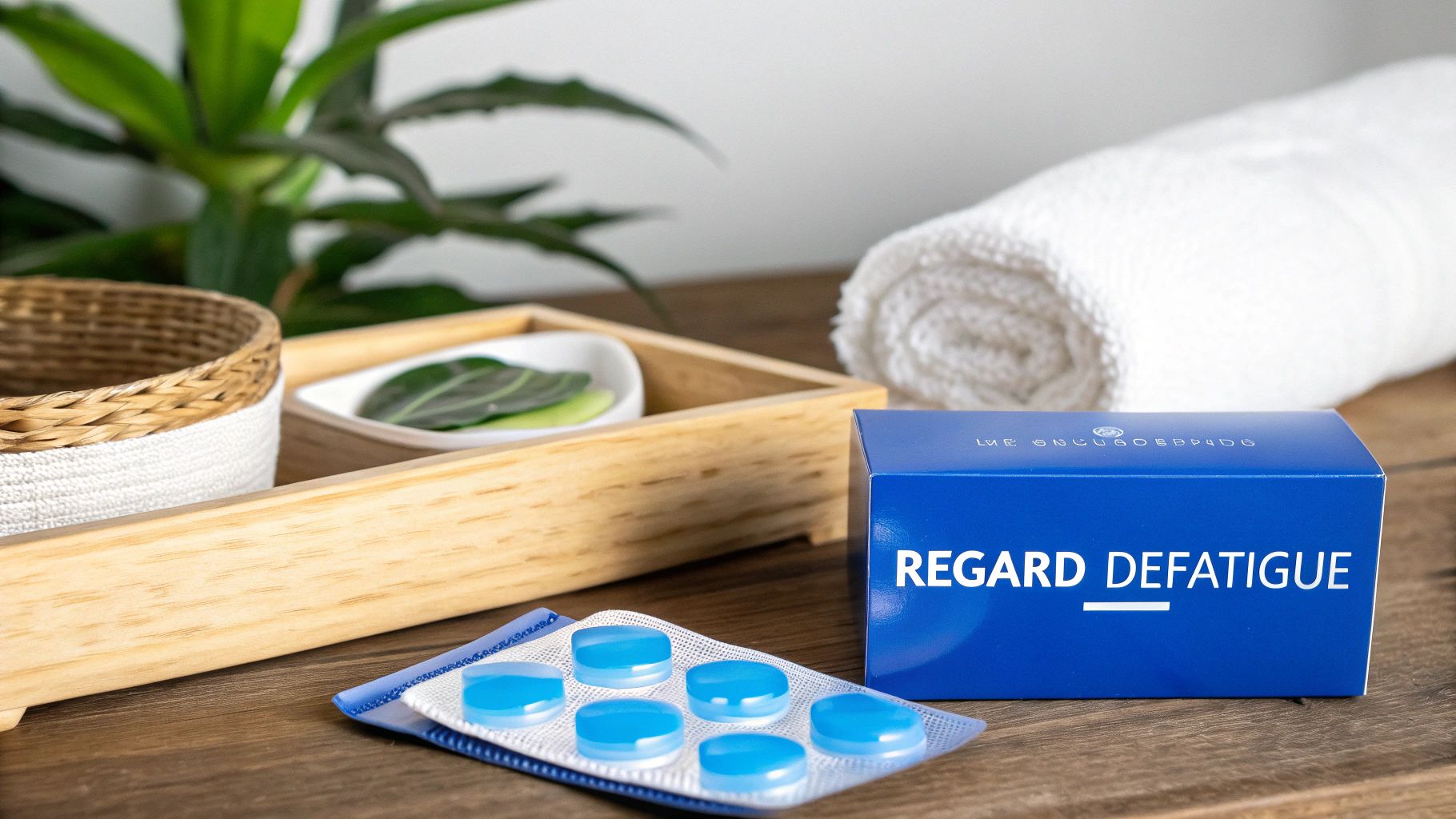 Boîte bleue REGARD DEFATIGUE, pilules bleues, serviette et éléments de bien-être sur une surface en bois.