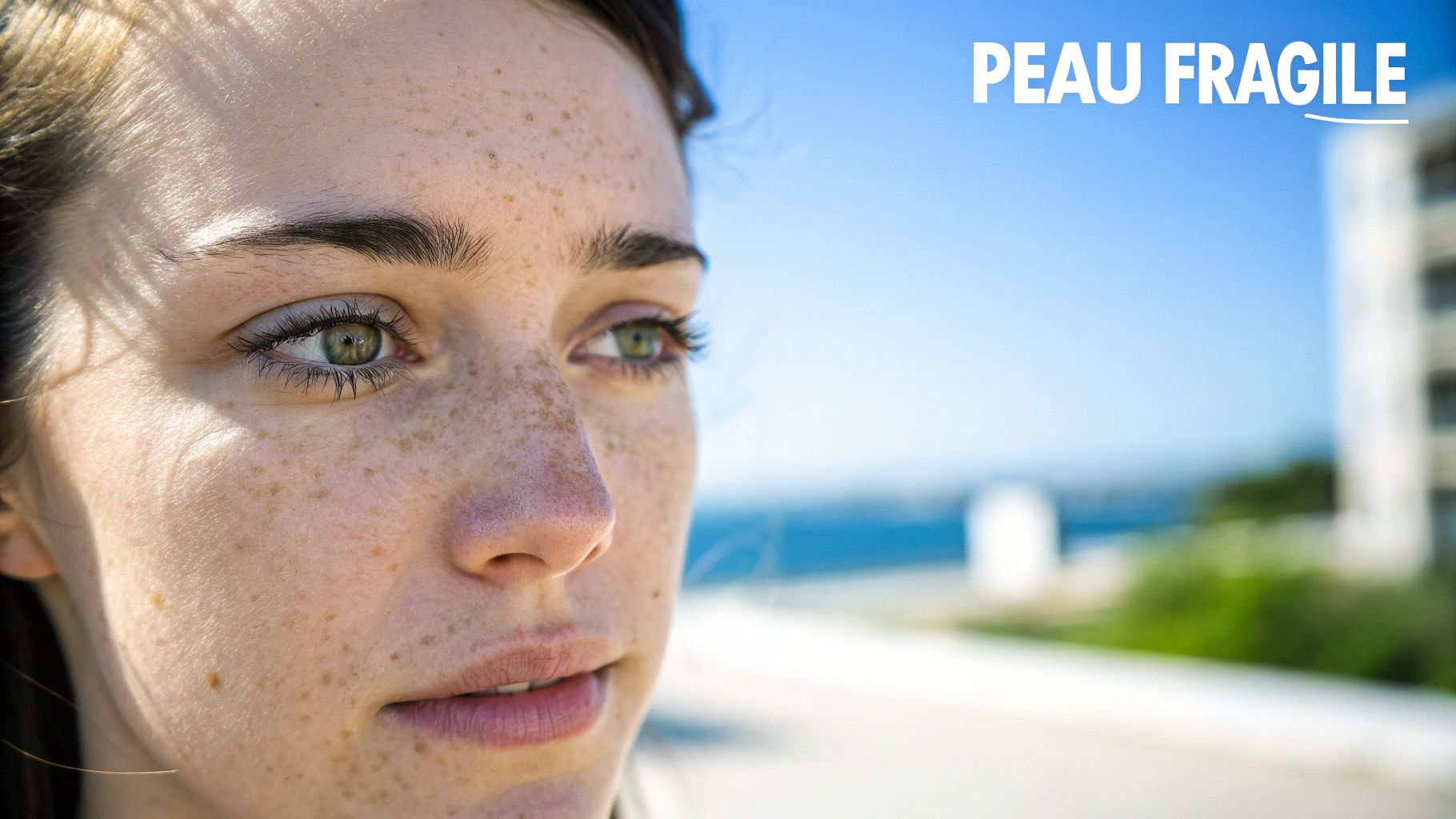 Gros plan d'une jeune femme aux yeux verts, au visage orné de taches de rousseur, en extérieur.