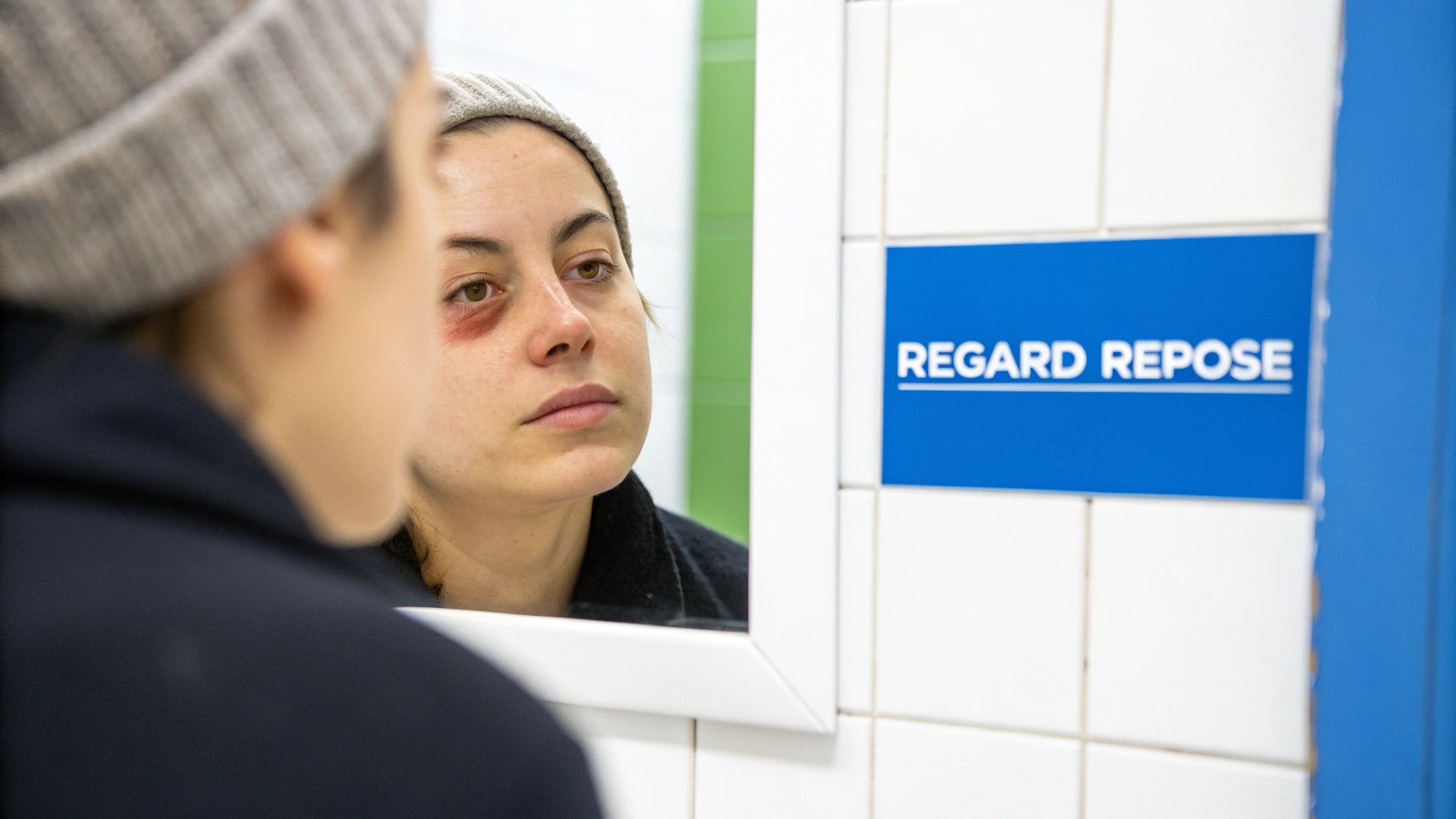 Une femme au bonnet observe son œil au beurre noir dans le miroir d'une pièce carrelée.