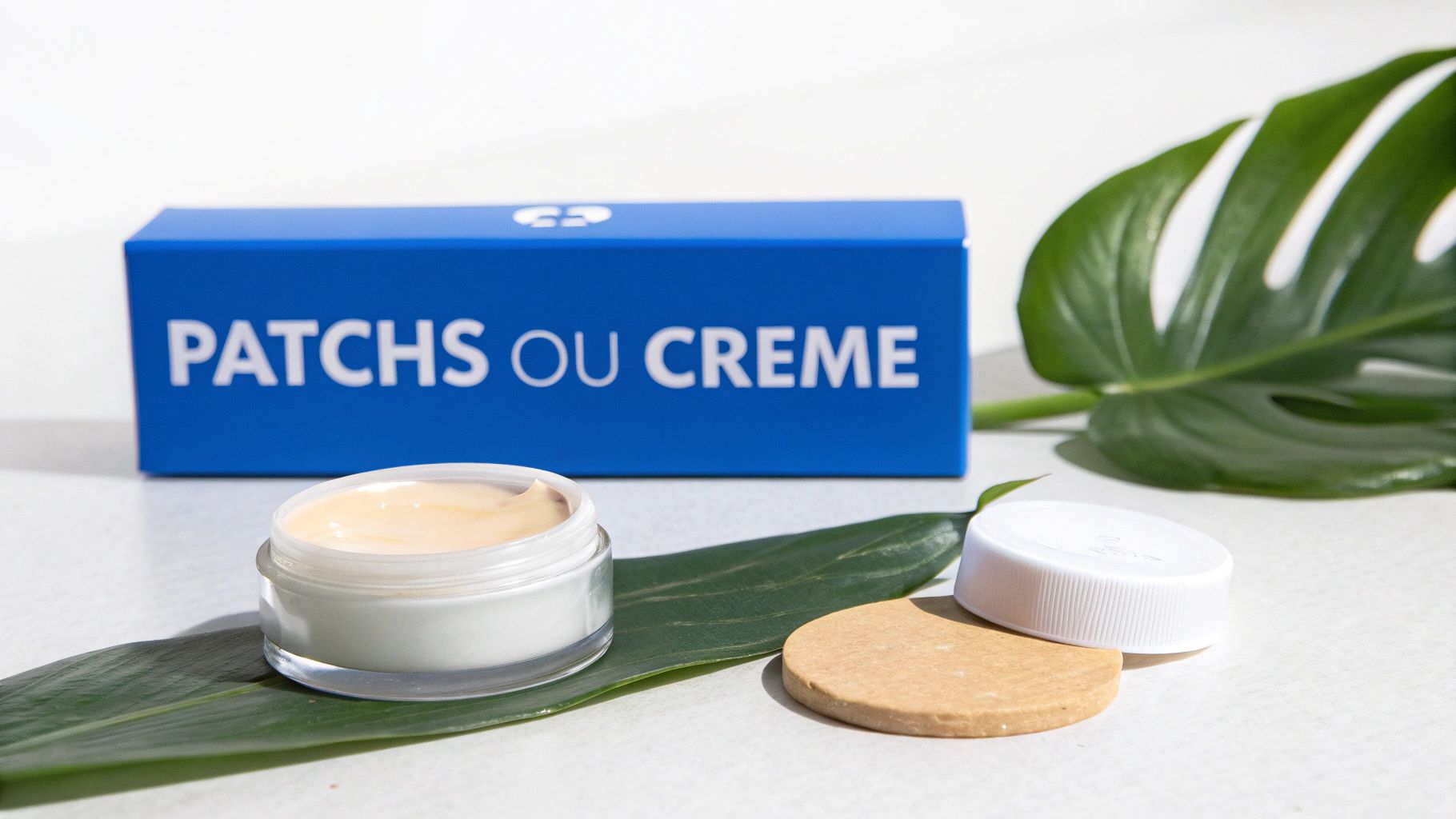 Une boîte bleue affichant "PATCHS OU CREME", une crème, un bouchon blanc et des feuilles vertes sur un fond clair.