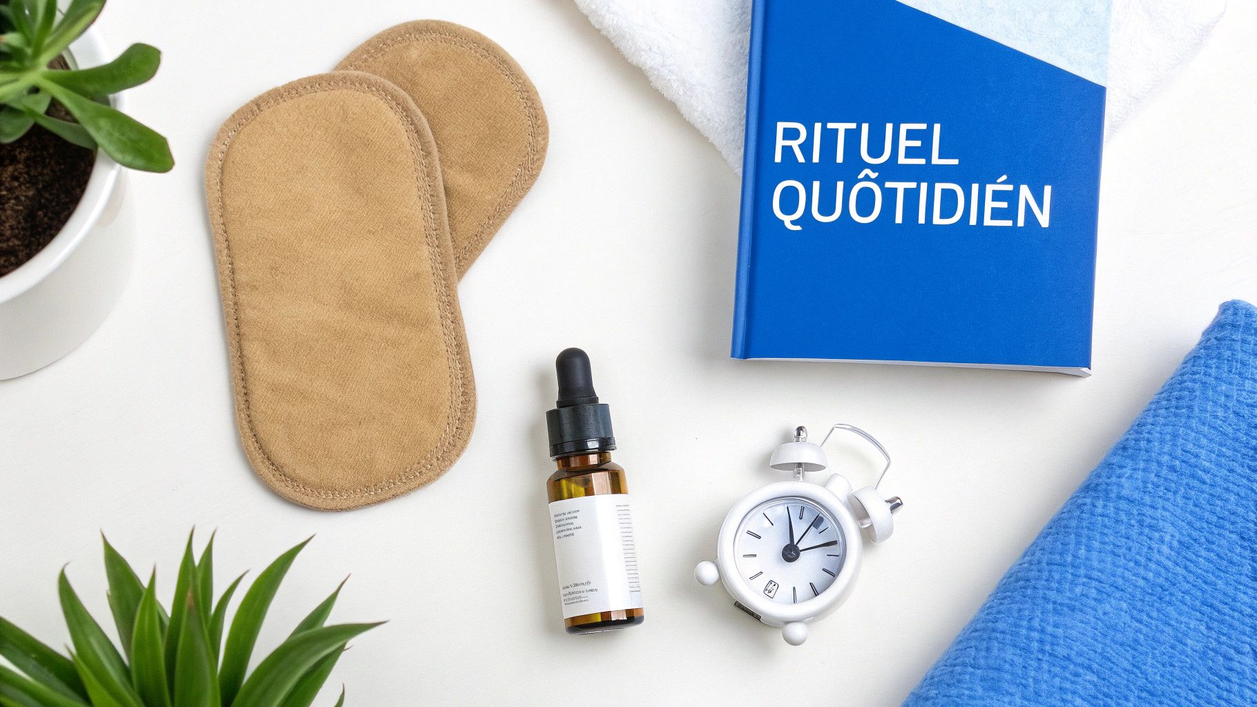 Flat lay d'articles de bien-être avec un livre "Rituel Quotidien", des serviettes, un flacon et un réveil.