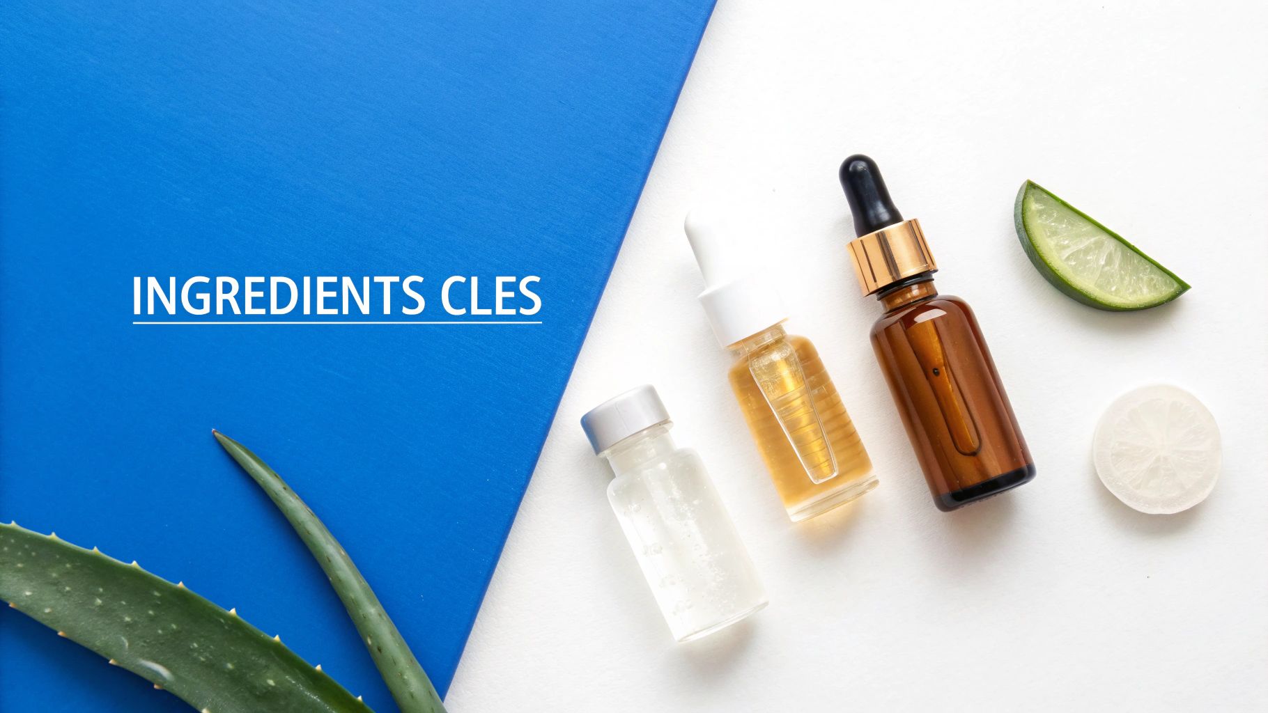 Ingrédients de beauté : flacons de sérums, aloe vera et citron vert sur fond bleu et blanc.