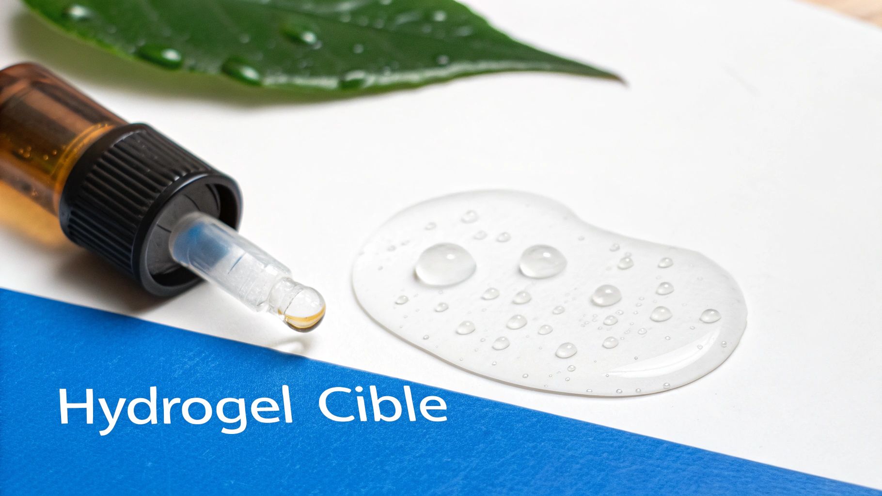 Une pipette marron dépose une goutte de sérum transparent sur une surface blanche, à côté d'une feuille verte mouillée. Le texte "Hydrogel Cible" apparaît sur un fond bleu.