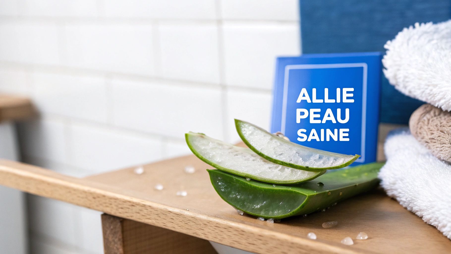 Tranches d'aloe vera frais et produit Allie Peau Saine sur une étagère en bois avec des serviettes, dans une salle de bain lumineuse.