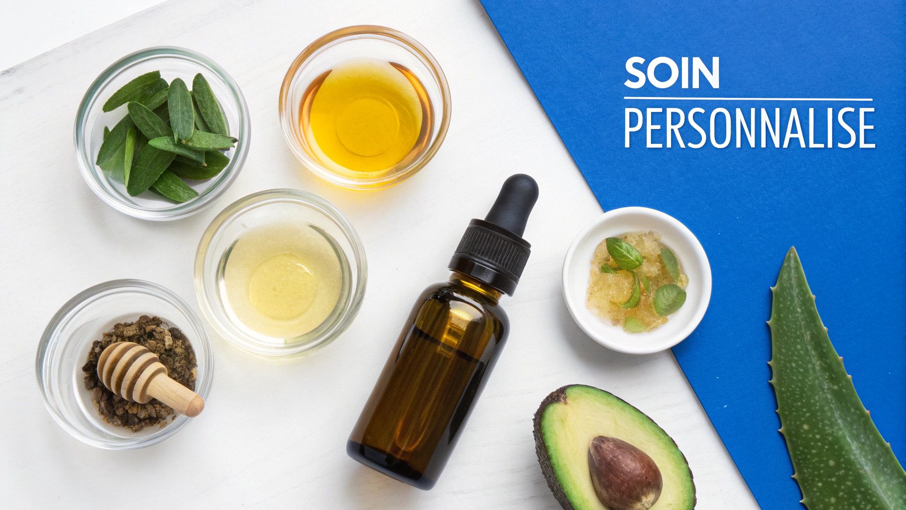 Ingrédients naturels pour soins de la peau personnalisés, incluant avocat, aloe vera, huiles végétales et sérum.