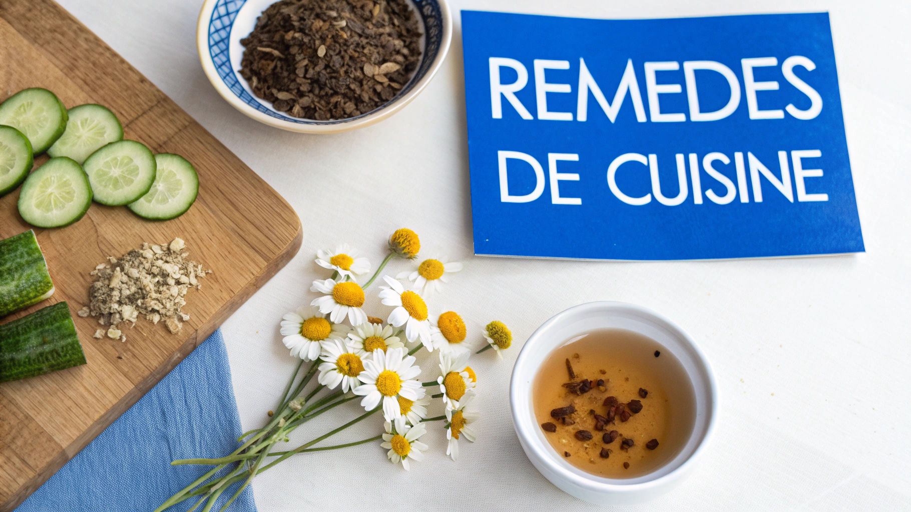 Remèdes de cuisine naturels avec concombres, herbes séchées, camomille et infusion pour la santé.