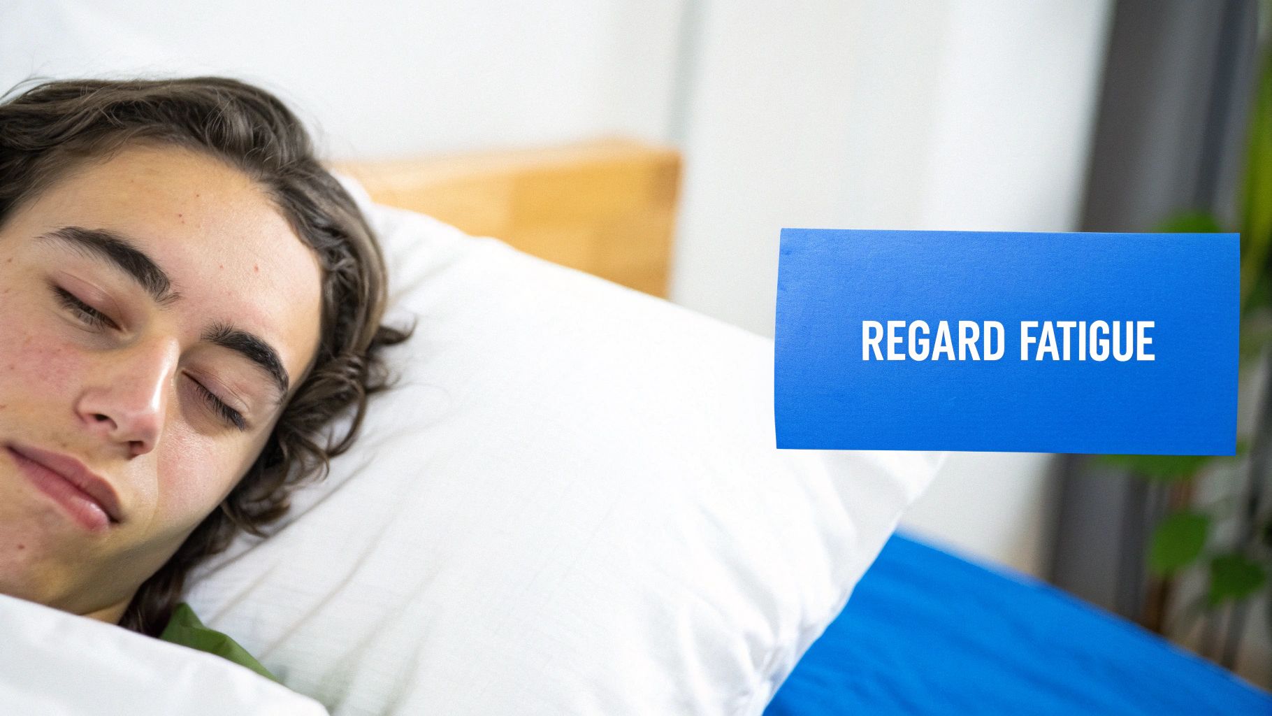 Un jeune dort paisiblement sur un oreiller blanc, avec une pancarte bleue indiquant « REGARD FATIGUE ».