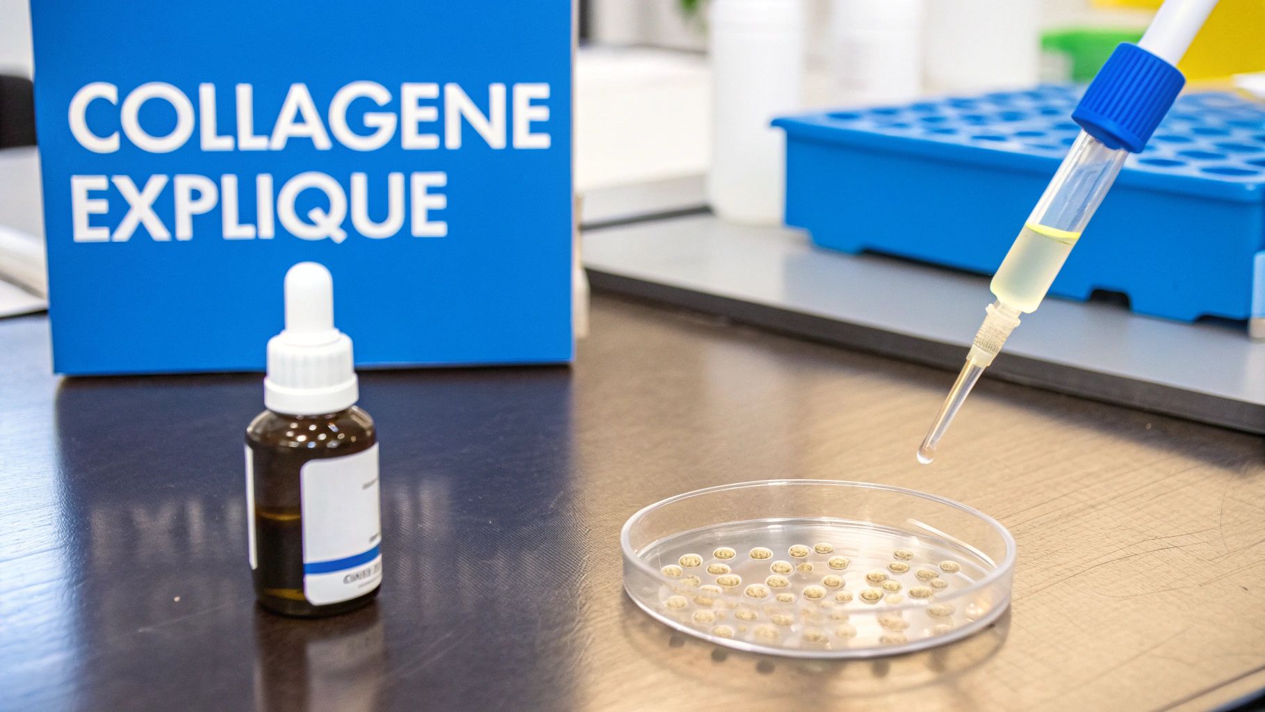 Flacon, pipette et boîte de Pétri pour l'étude du collagène en laboratoire, avec un panneau bleu en arrière-plan.