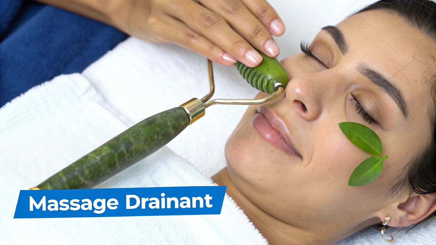 Une femme aux yeux fermés reçoit un massage facial avec un rouleau de jade vert. Des feuilles vertes sont posées sur sa joue.