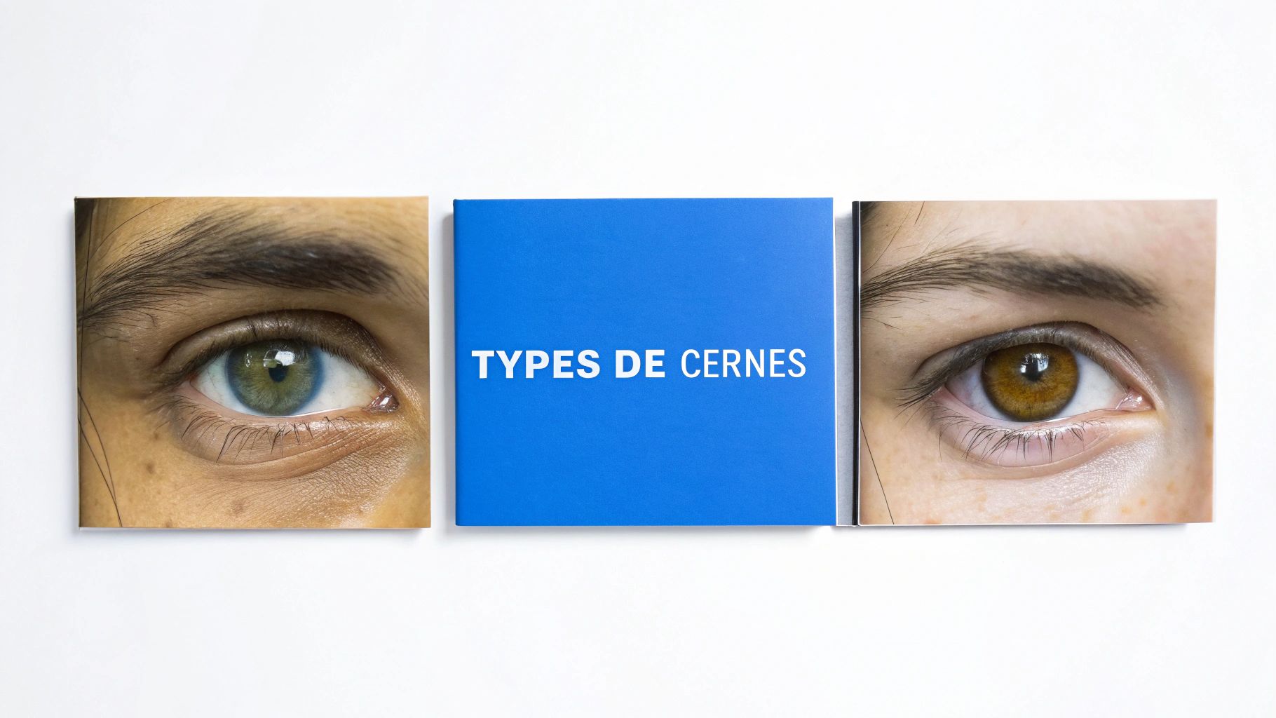 Trois panneaux carrés montrant un œil vert, un panneau bleu avec « TYPES DE CERNES » et un œil marron.