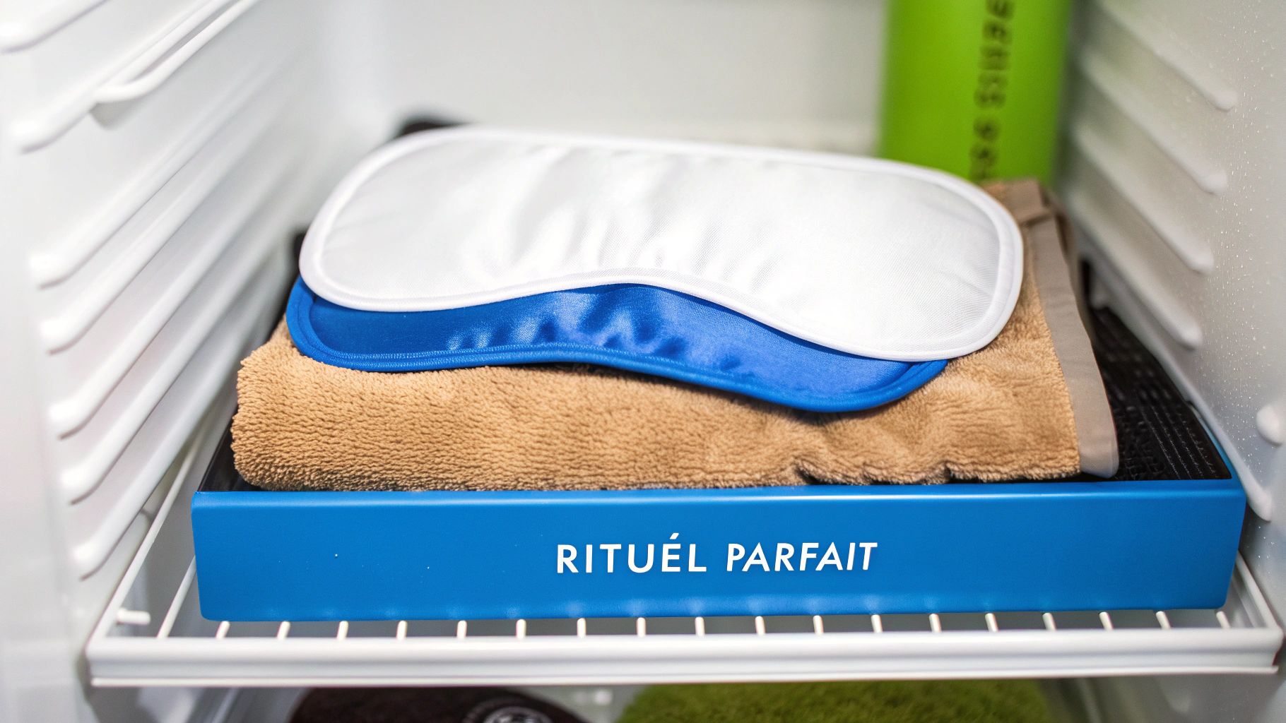 Masques de relaxation pour les yeux et serviette sur un plateau bleu portant l'inscription "RITUEL PARFAIT", rangés au frais.