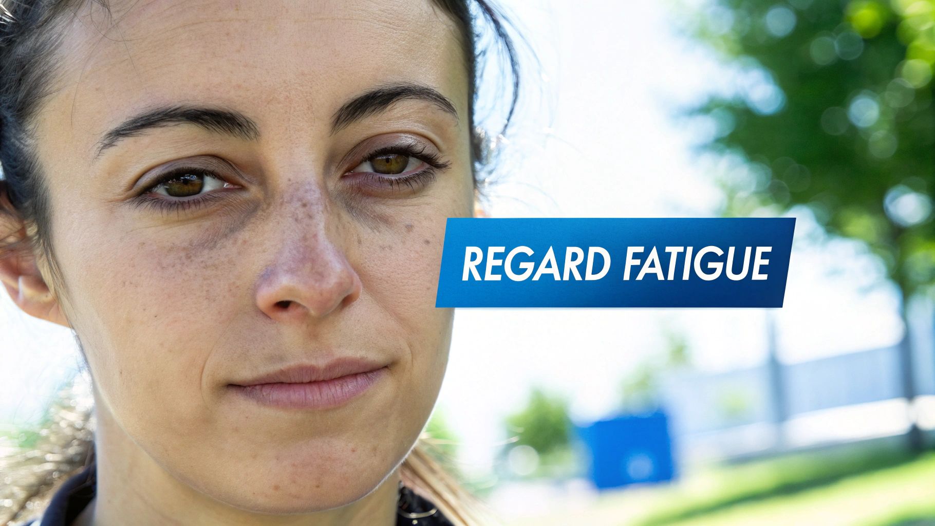 Gros plan sur le visage d'une femme aux yeux marron, montrant des cernes et des signes de fatigue sous les yeux, avec un texte bleu indiquant "REGARD FATIGUE".