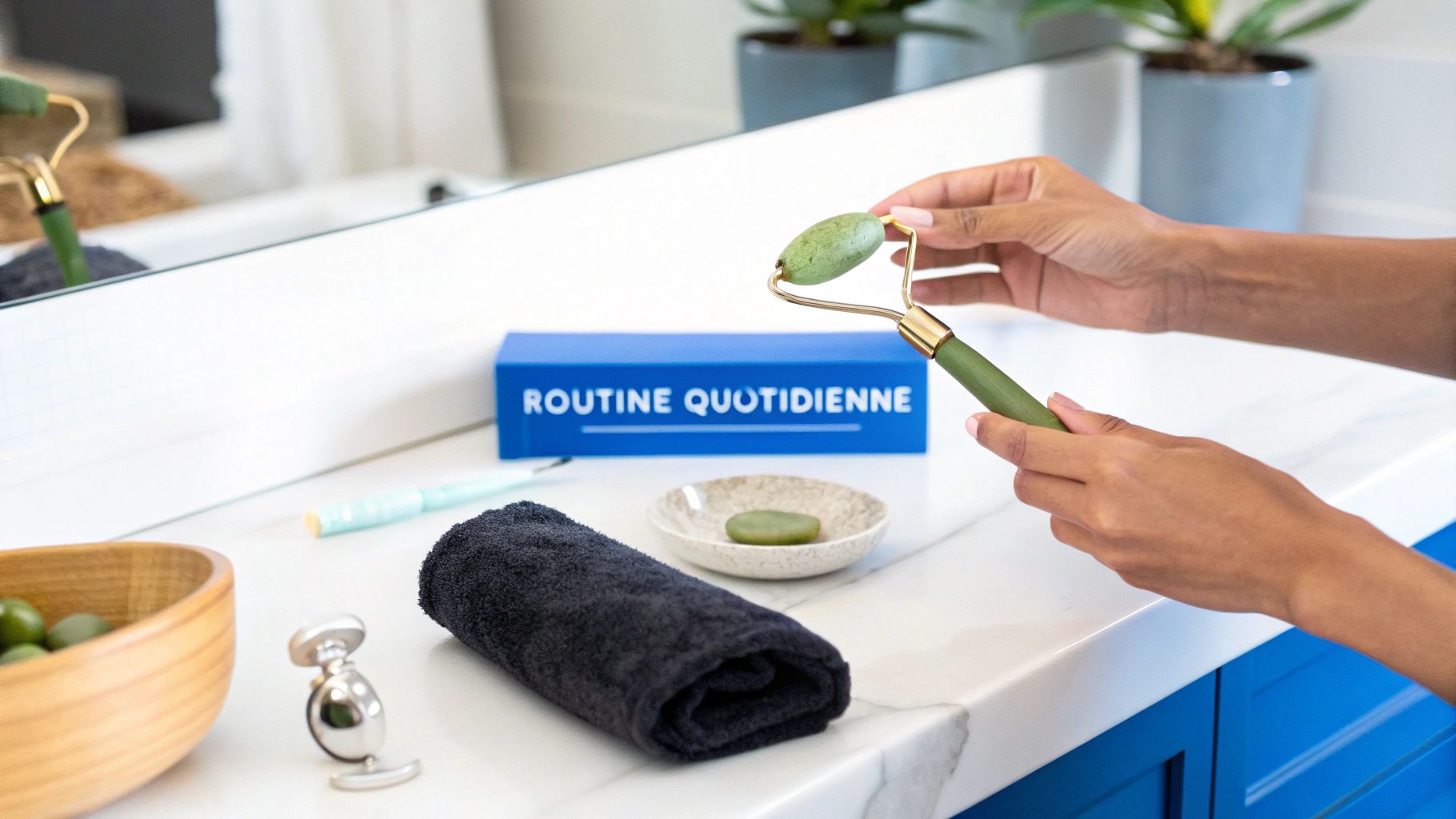 Une personne tient un rouleau de jade vert au-dessus d'un comptoir de salle de bain avec une boîte bleue « ROUTINE QUOTIDIENNE » et une serviette noire.