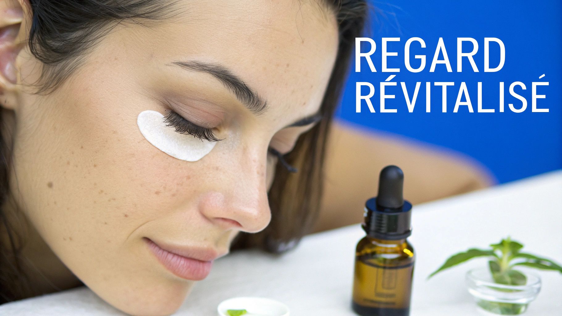 Femme avec patchs sous les yeux, bouteille compte-gouttes et herbes vertes pour un regard revitalisé.