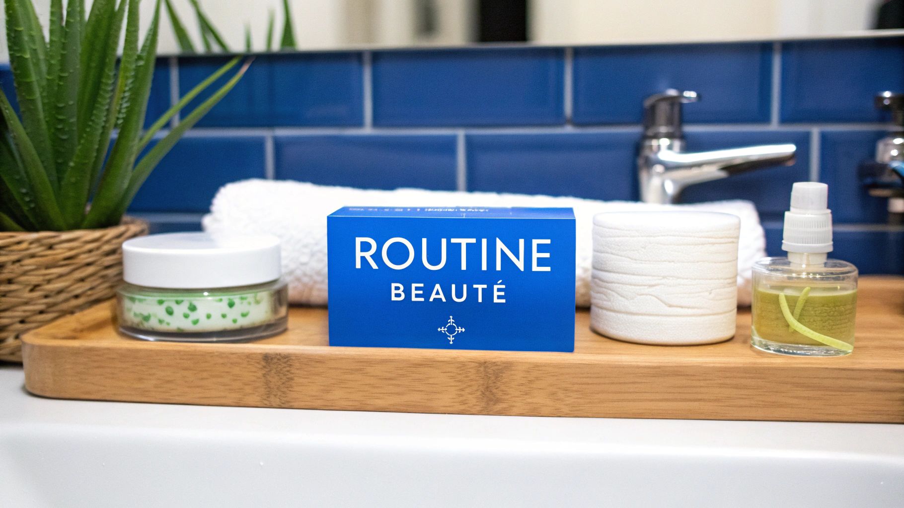 Un plateau en bois présente une plante d'aloe vera, des cosmétiques et des serviettes dans une salle de bain moderne.