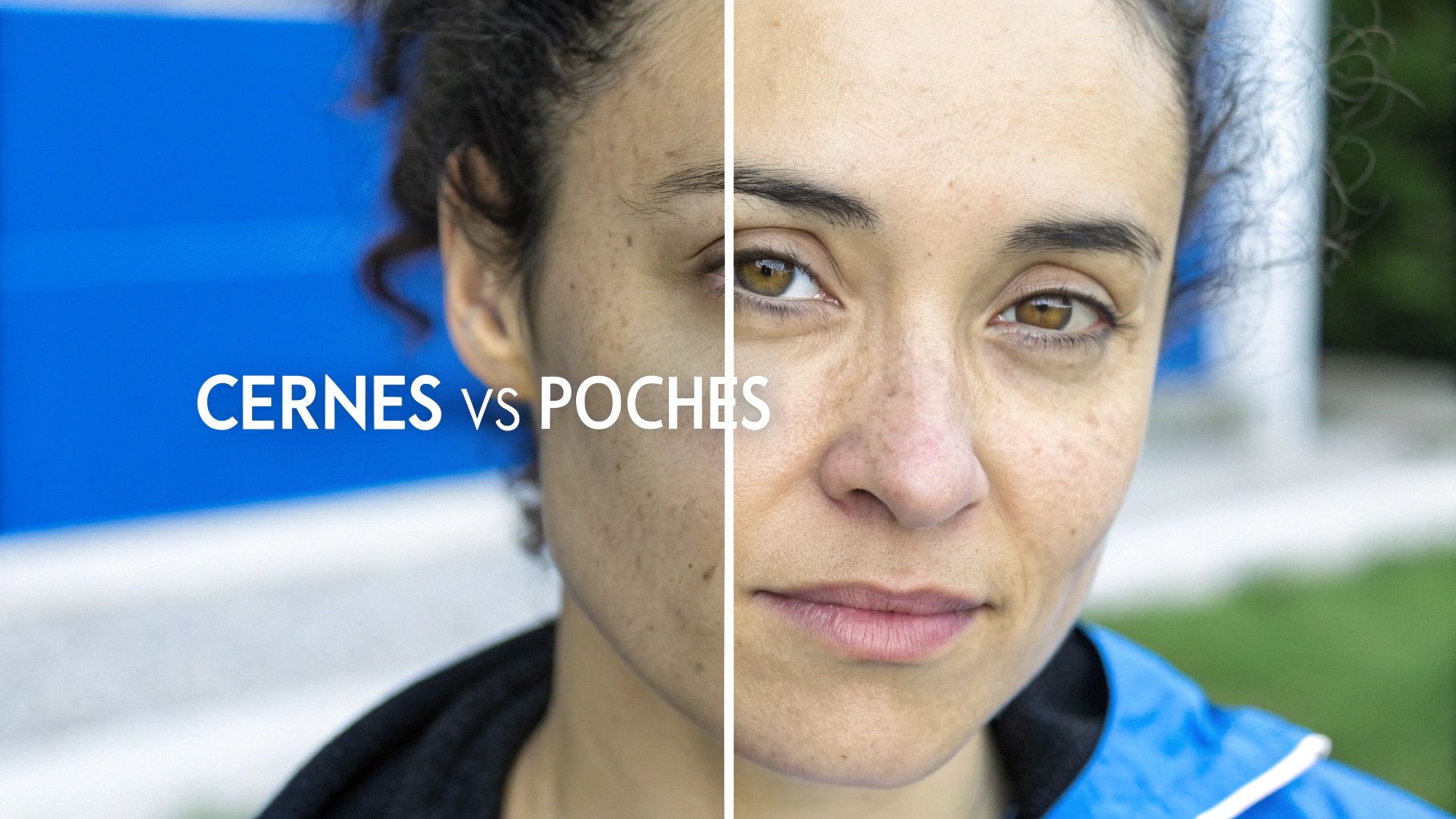 Image divisée du visage d'une femme, illustrant la différence entre les cernes et les poches sous les yeux.