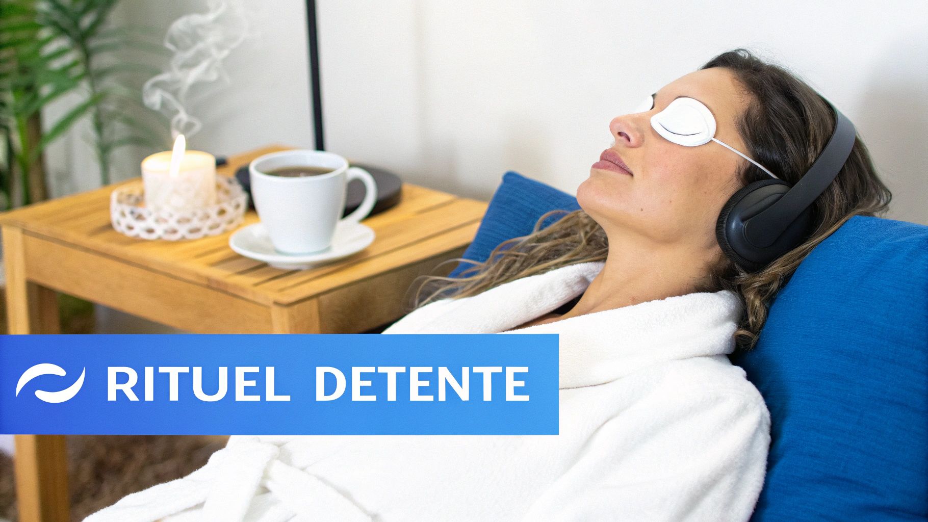 Femme relaxant avec un masque pour les yeux, des écouteurs, une bougie et une tasse de thé.
