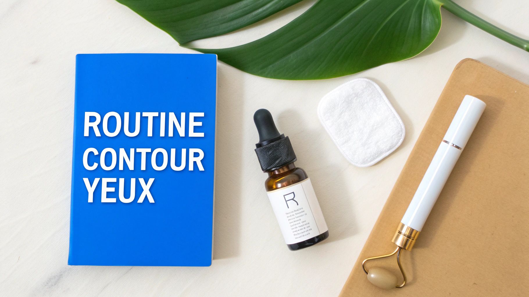 Un ensemble de produits et d'outils pour une routine de soin du contour des yeux, incluant un livre, un sérum et un rouleau.