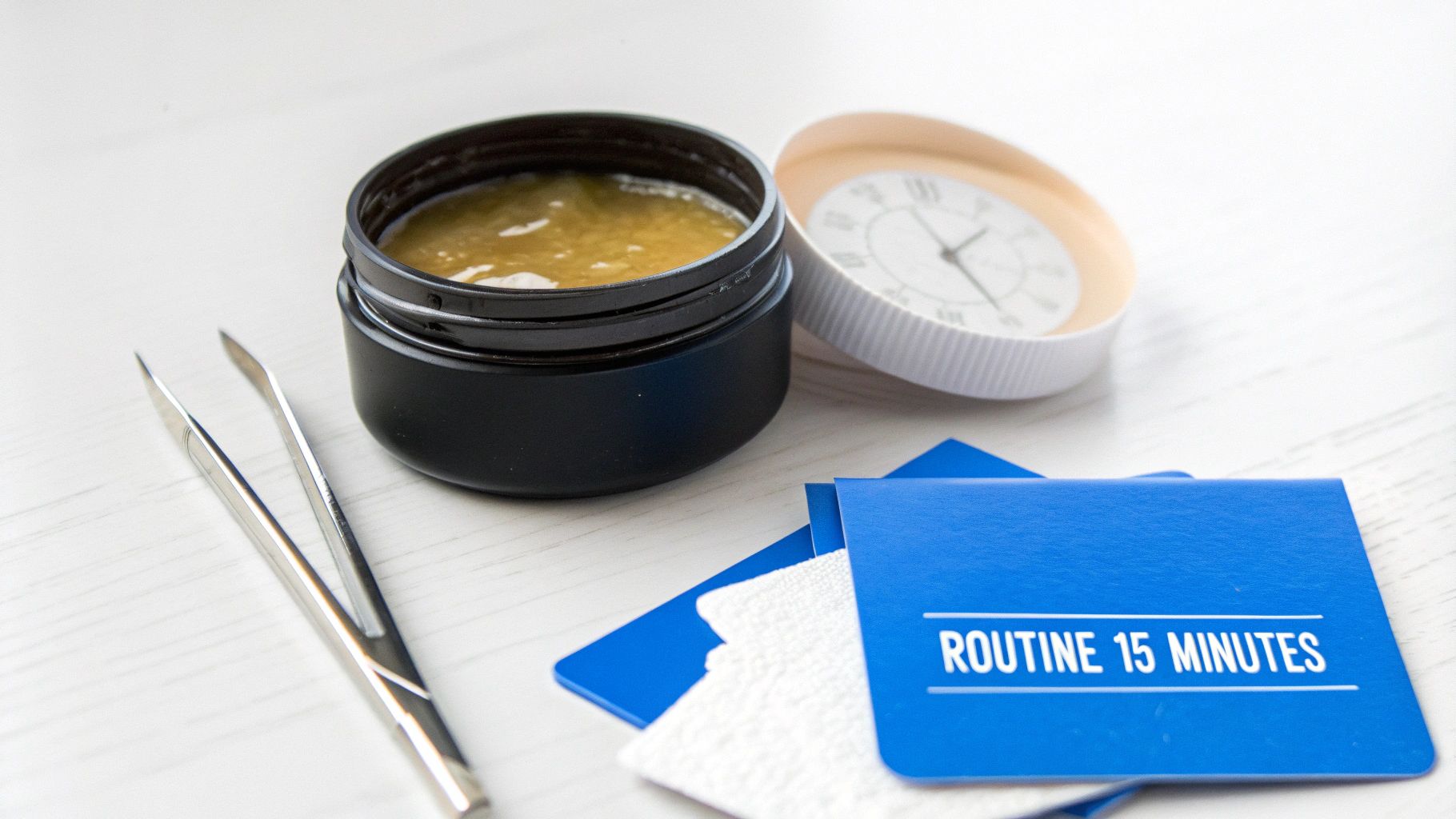 Une routine de beauté avec un pot de crème, une pince à épiler, un minuteur et des cartes bleues indiquant 'ROUTINE 15 MINUTES' sur une surface blanche.