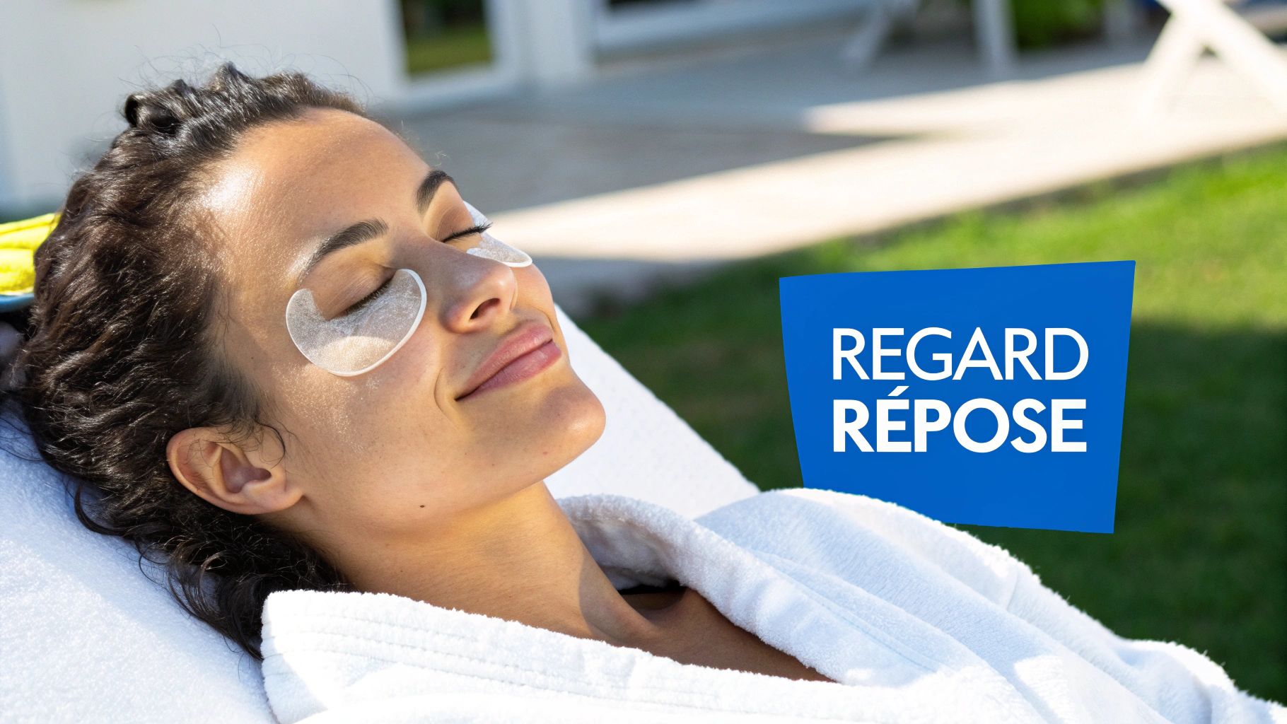 Une femme souriante se détend au soleil avec des patchs hydratants sous les yeux pour un regard reposé.