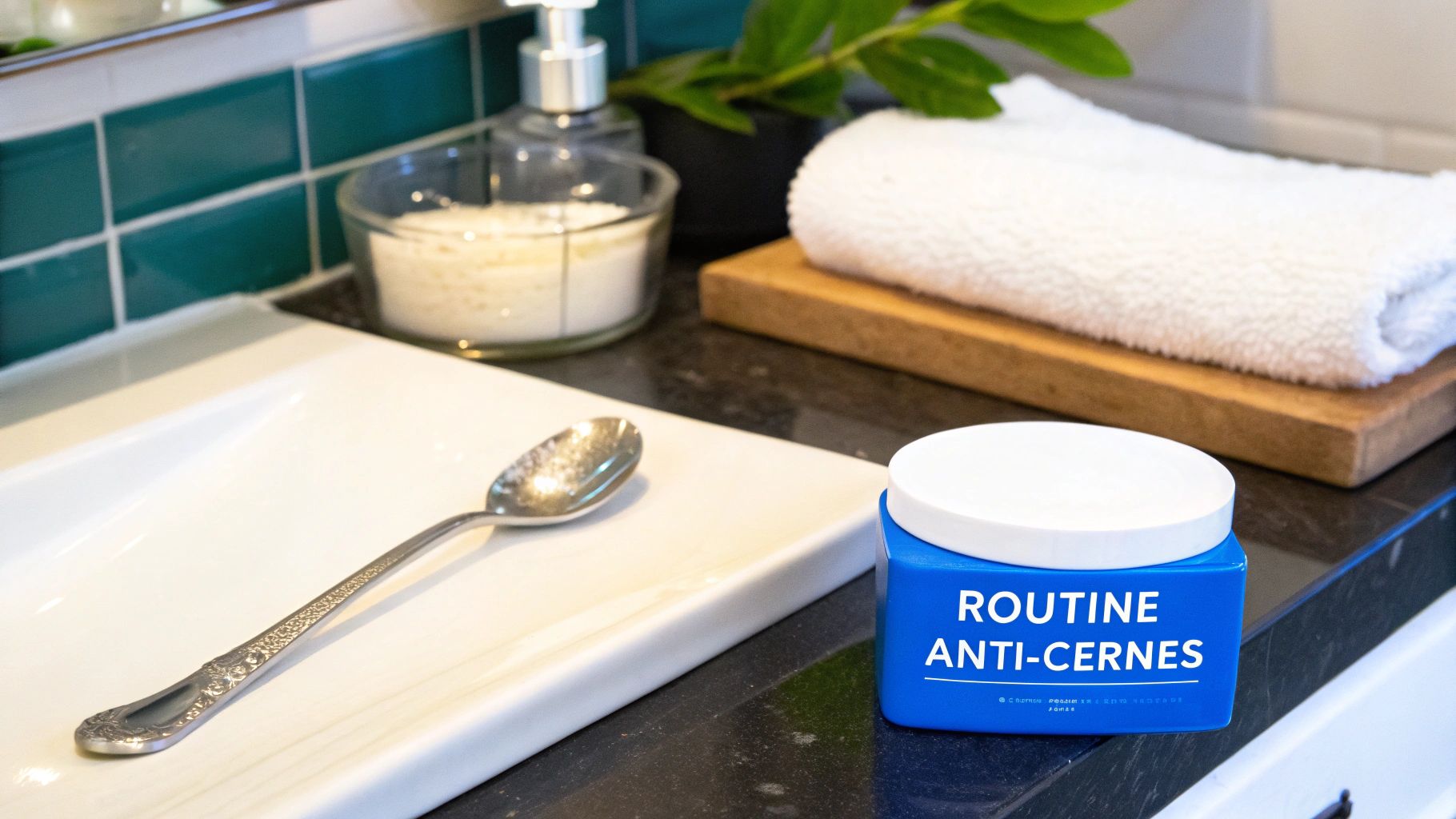 Pot bleu de routine anti-cernes sur un comptoir de salle de bain avec une cuillère et une serviette blanche.