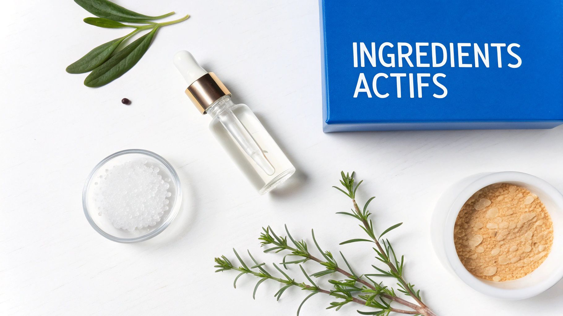 Vue de dessus d'ingrédients cosmétiques naturels : plantes, sérum, granulés et poudre, avec boîte « INGREDIENTS ACTIFS ».