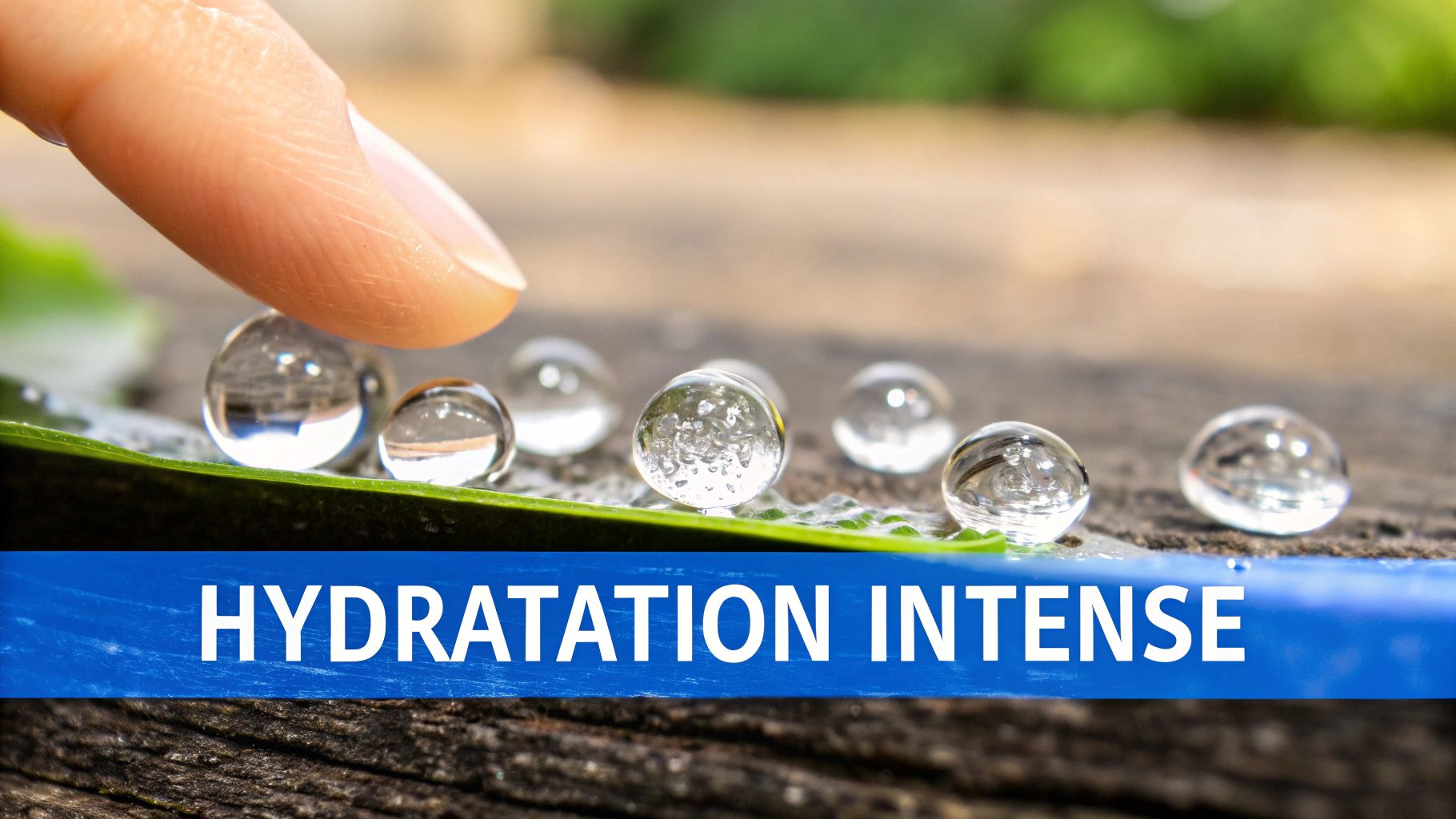 Gros plan sur un doigt délicat touchant une feuille verte parsemée de gouttes d'eau, symbolisant une hydratation intense.