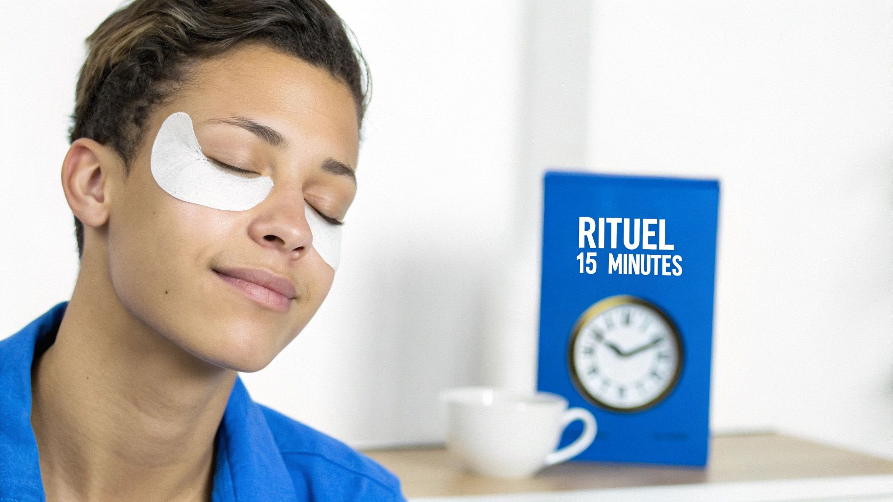 Une femme applique délicatement un patch anti-cernes bleu sous son œil, un geste de soin précis et relaxant.