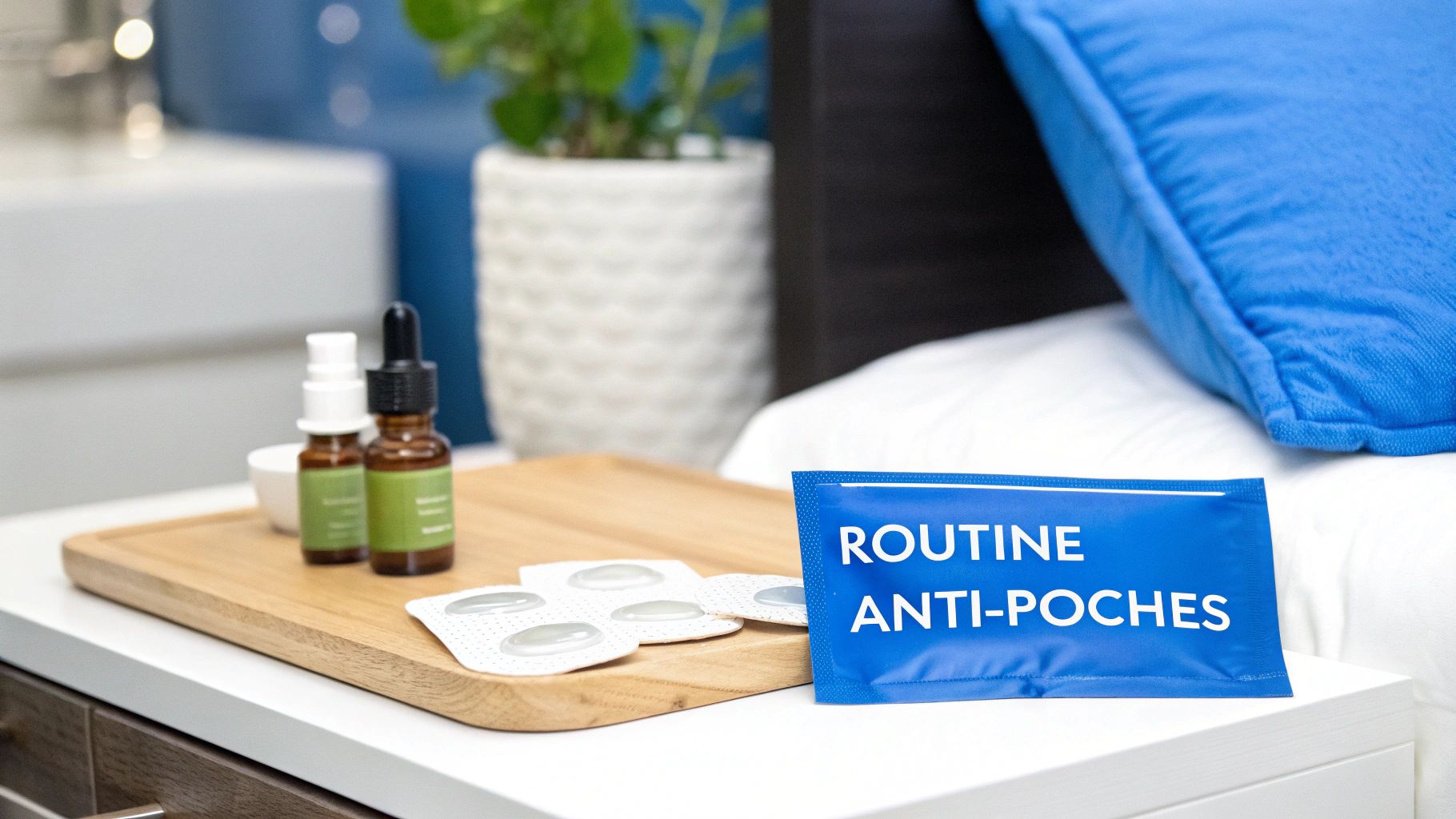 Produits de soin pour les yeux sur une table de chevet, incluant sérums et sachets anti-poches.