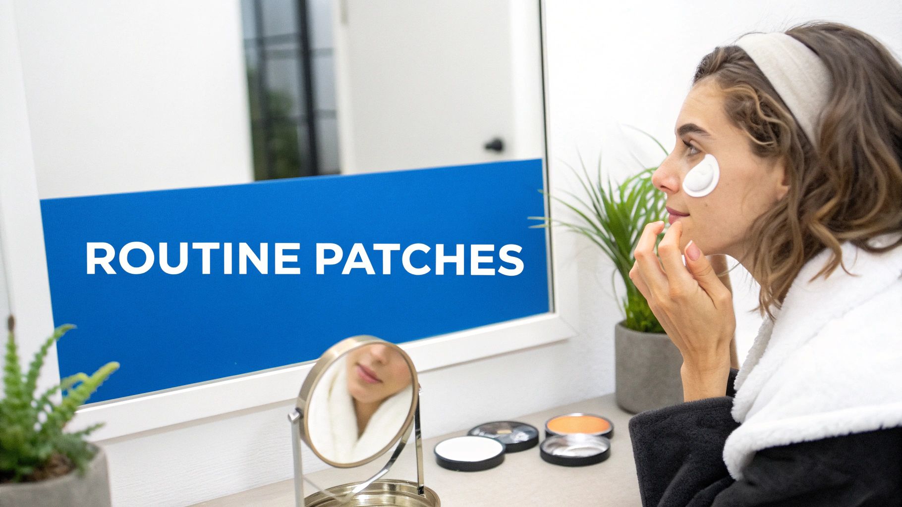Une femme applique des patchs sous les yeux devant un miroir. Le reflet indique "ROUTINE PATCHES".
