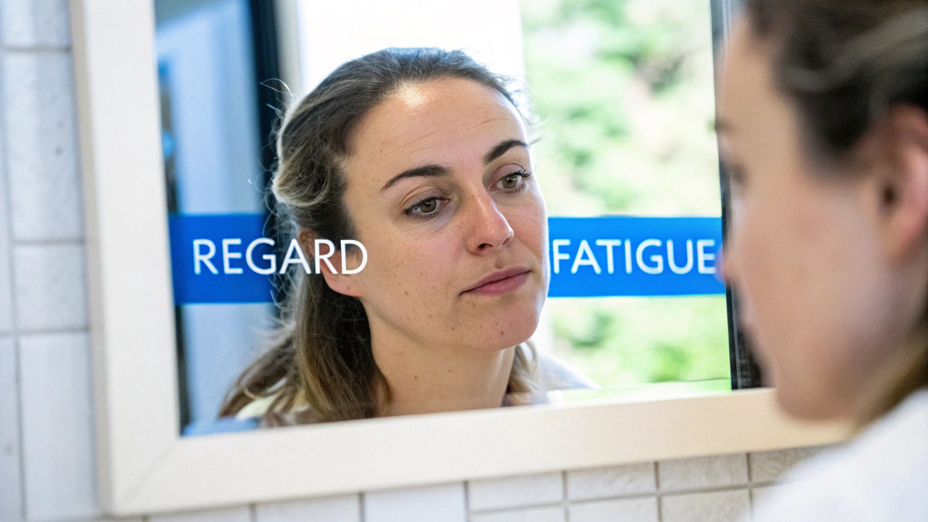 Une femme se regarde dans un miroir, son reflet affichant des signes de fatigue et des cernes.