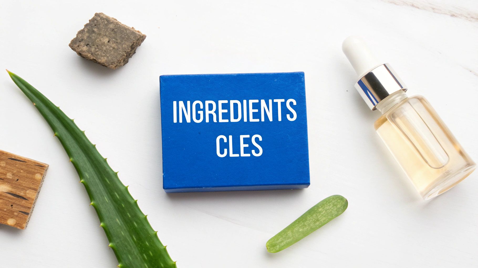 Produits de soin naturels avec feuille d'aloès, flacon compte-gouttes et boîte bleue 'INGRÉDIENTS CLÉS' sur fond blanc.