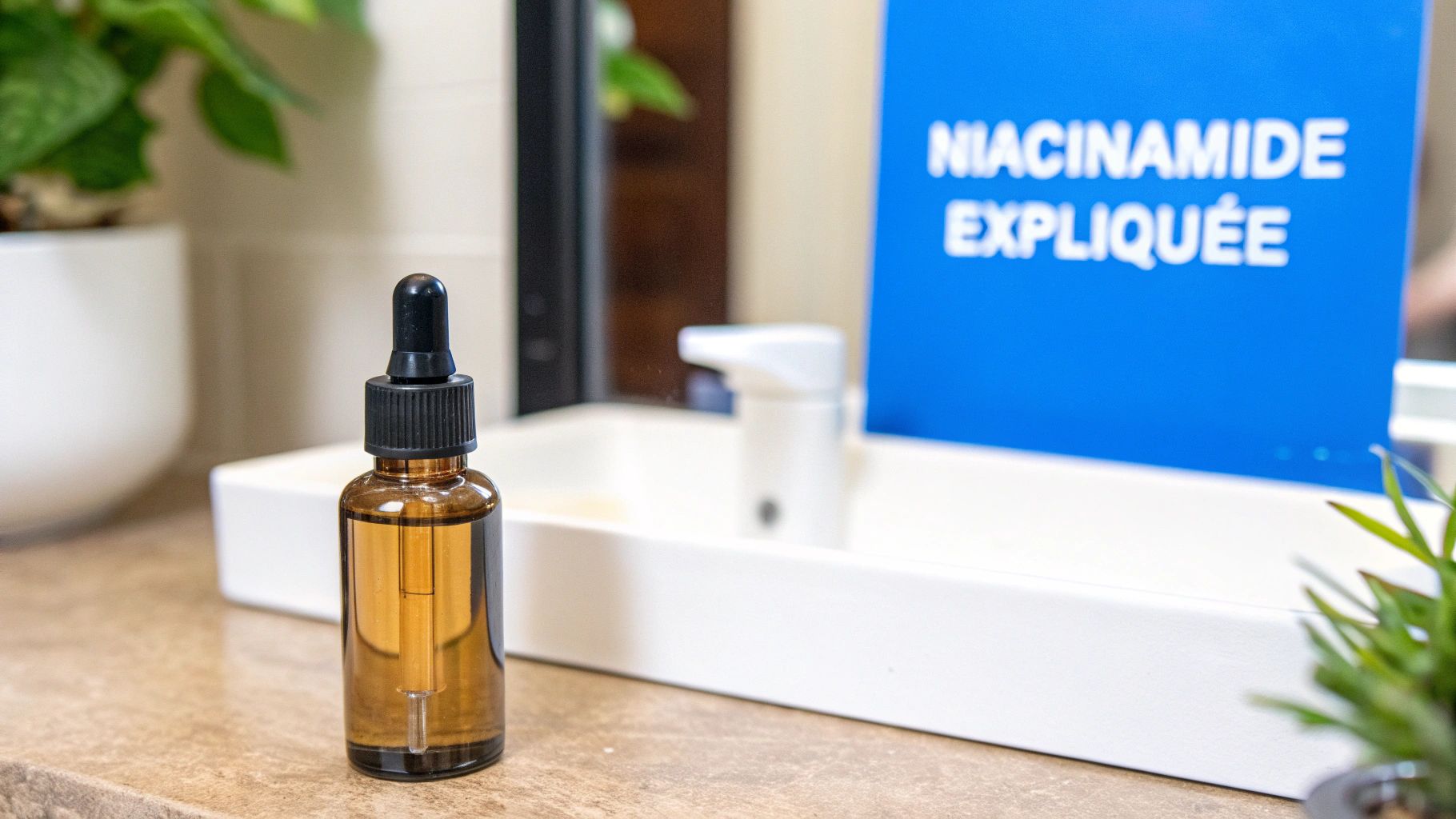 Flacon compte-gouttes brun de sérum sur un comptoir, avec un panneau bleu en arrière-plan expliquant la niacinamide.