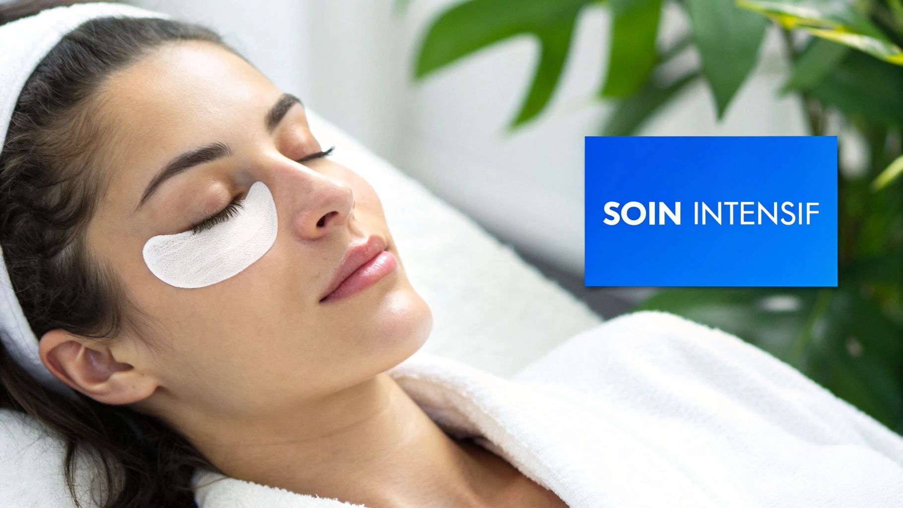 Femme détendue avec des patchs anti-cernes blancs sous les yeux, en peignoir, recevant un soin intensif.