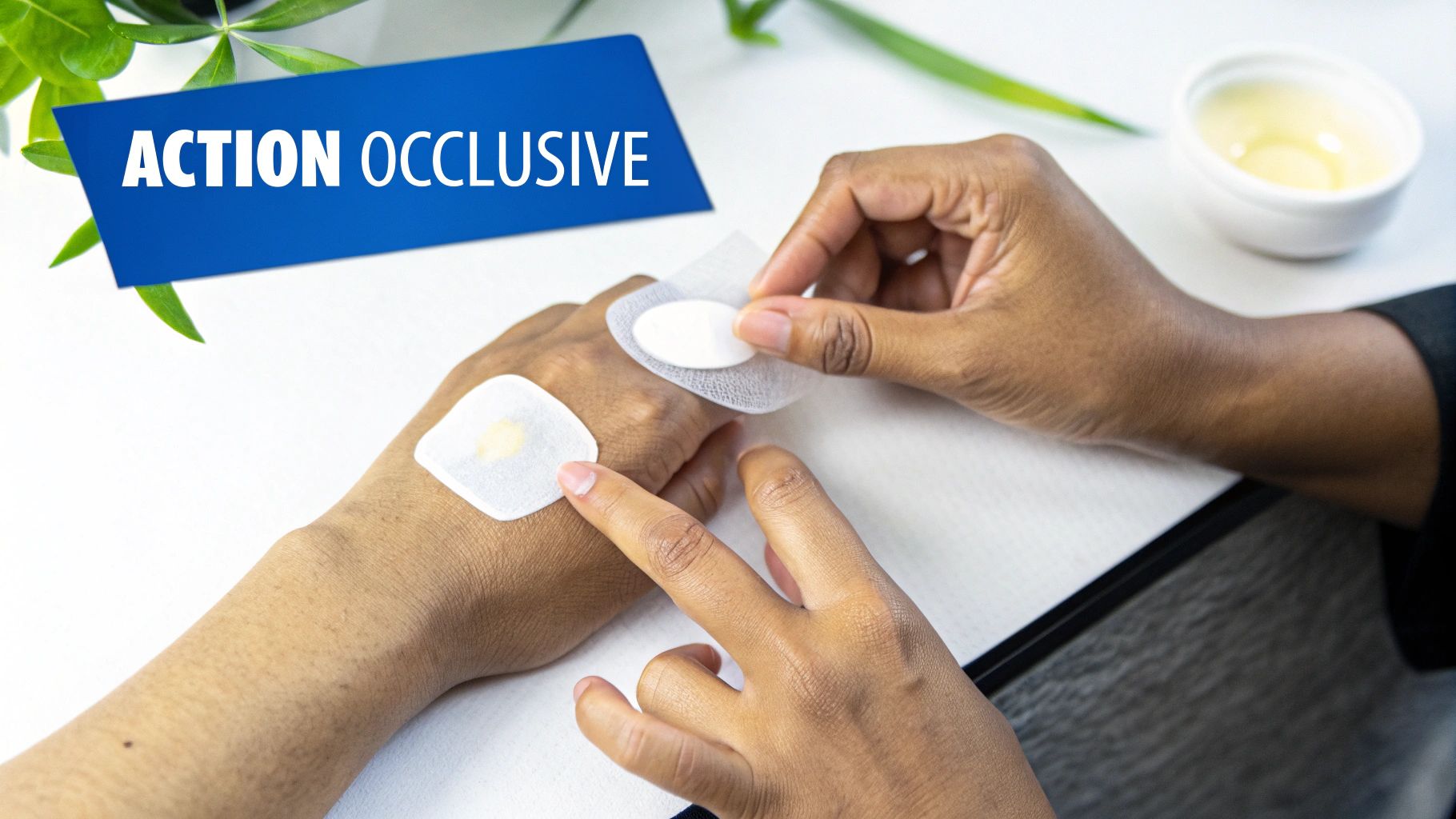Une personne applique des patchs médicaux sur la main d'une autre, avec le texte 'ACTION OCCLUSIVE' sur une bannière bleue.