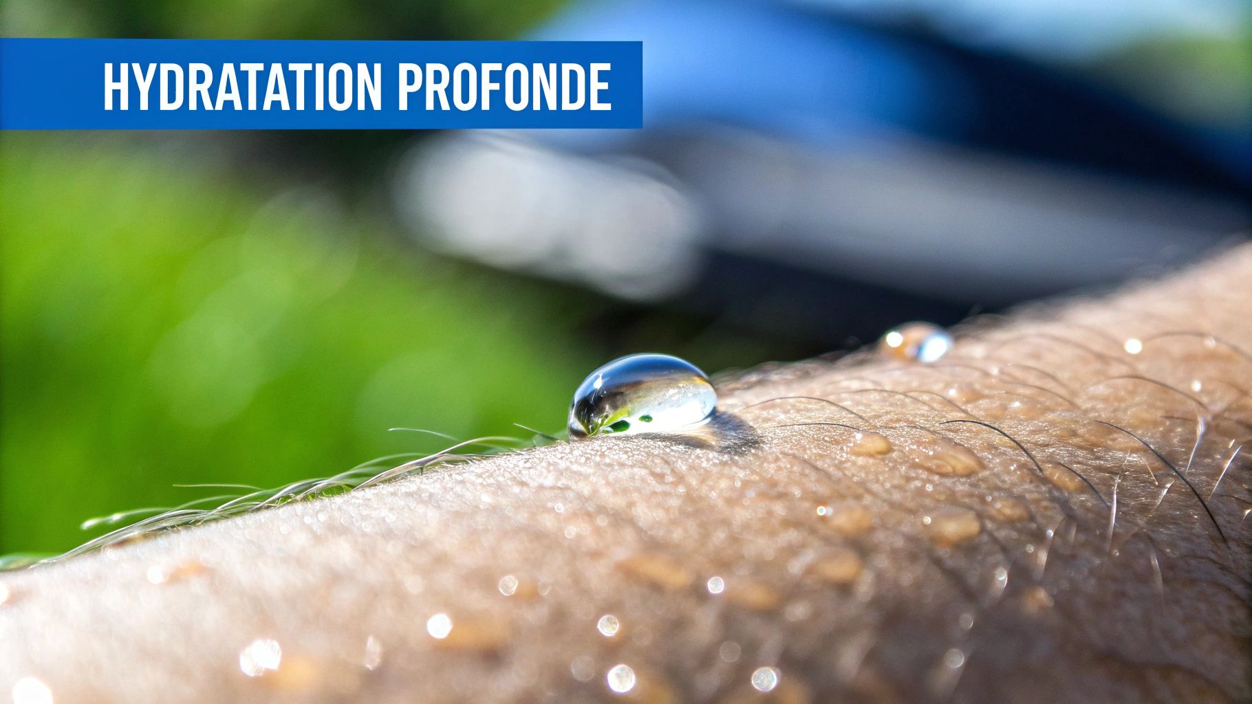 Gros plan sur des gouttes d'eau claires et brillantes sur une peau, avec le texte "HYDRATATION PROFONDE" sur une bannière bleue.
