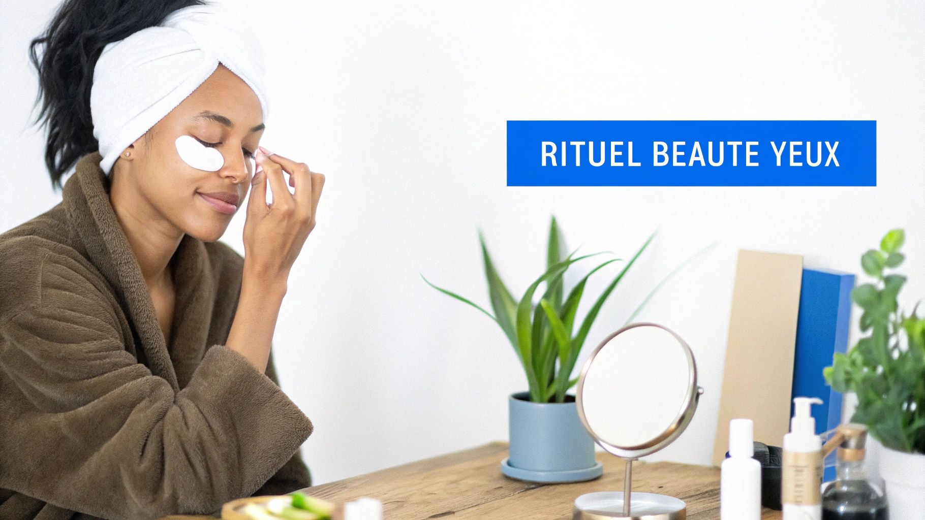 Une femme applique des patchs sous les yeux, vêtue d'un peignoir, pour un rituel beauté.