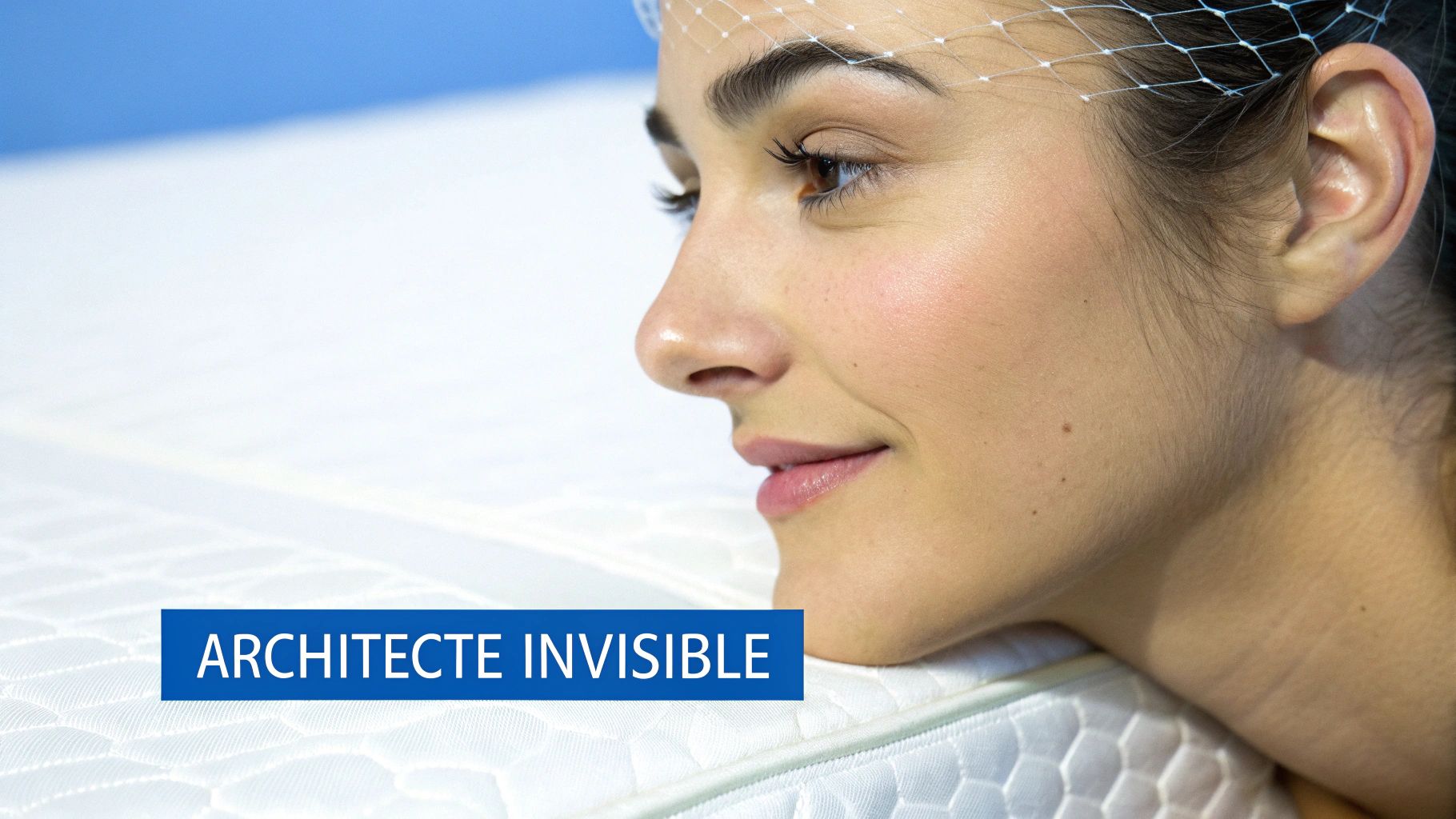 Gros plan sur le profil d'une femme souriante, peau saine et éclatante, reposant sur un matelas blanc.