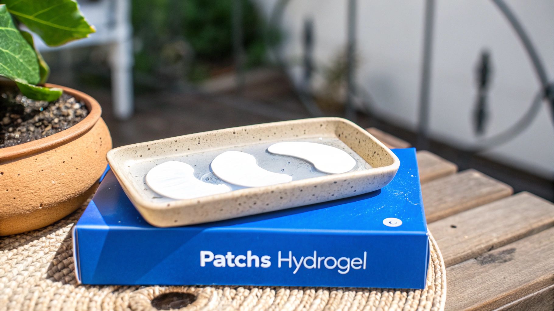 Des patchs hydrogel pour les yeux sont posés dans un plat en céramique sur une boîte bleue, à côté d'une plante verte.