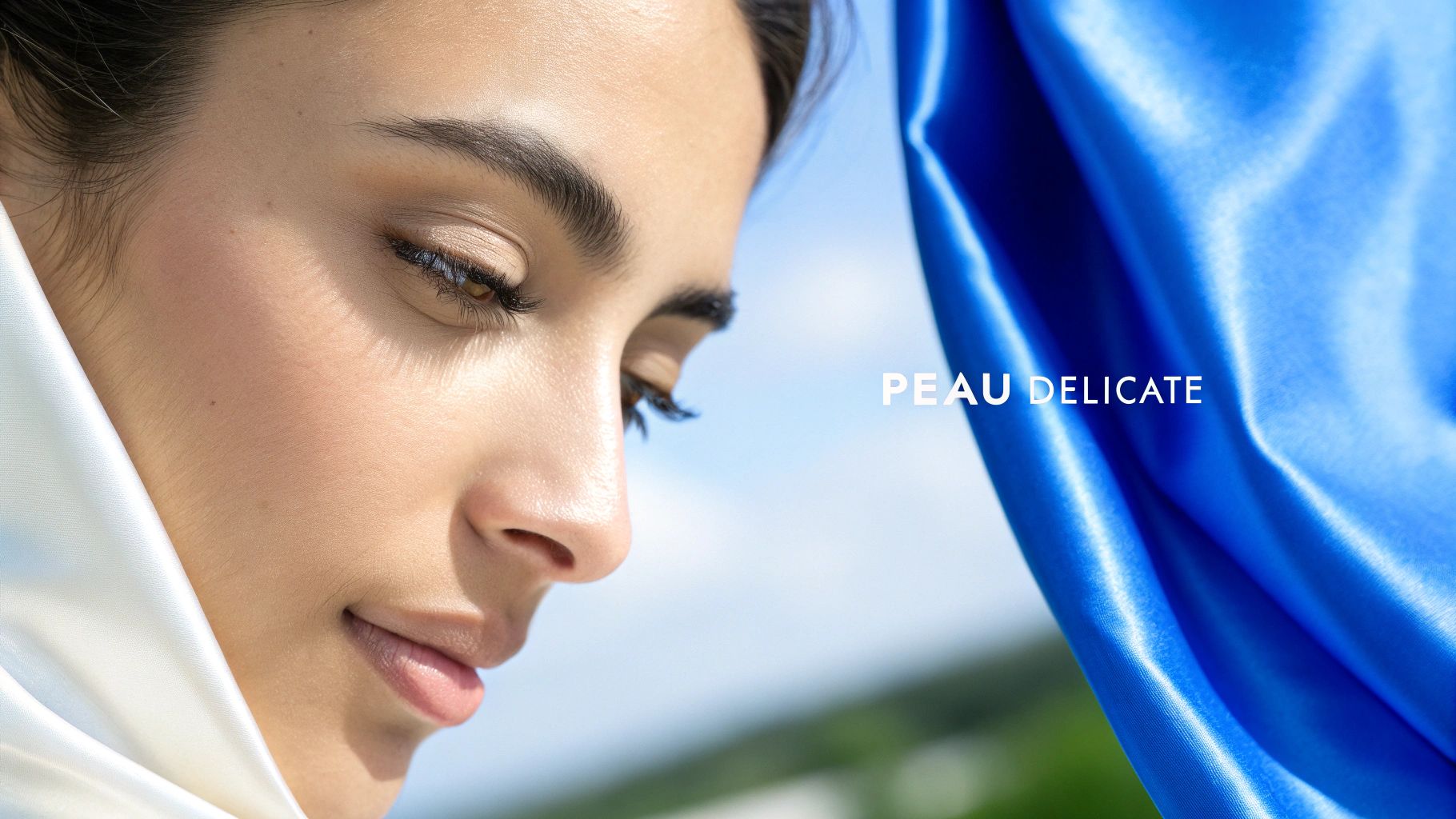 Gros plan d'une femme à la peau douce et saine, avec des tissus blancs et bleus, sous un ciel lumineux.