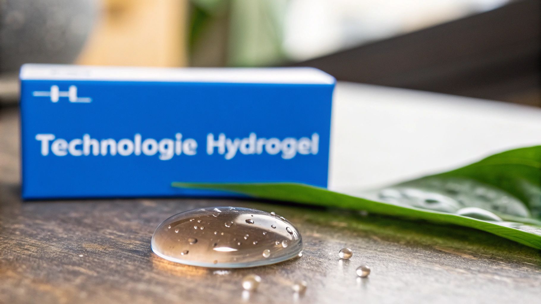 Boîte bleue 'Technologie Hydrogel' avec un logo -H-, un gel transparent et des billes d'hydrogel sur une surface boisée, à côté d'une feuille verte.
