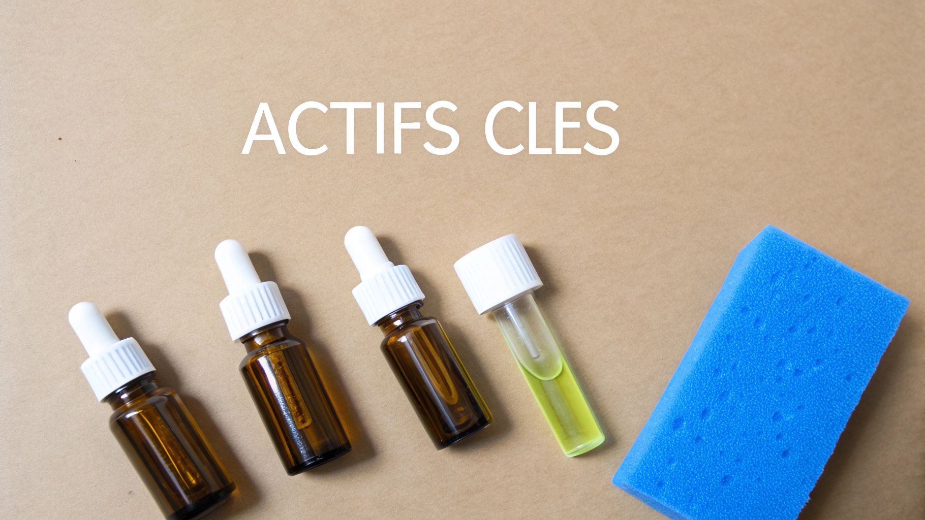 Image de fond marron clair avec le texte ACTIFS CLES, flacons compte-gouttes, tube à essai et éponge bleue.