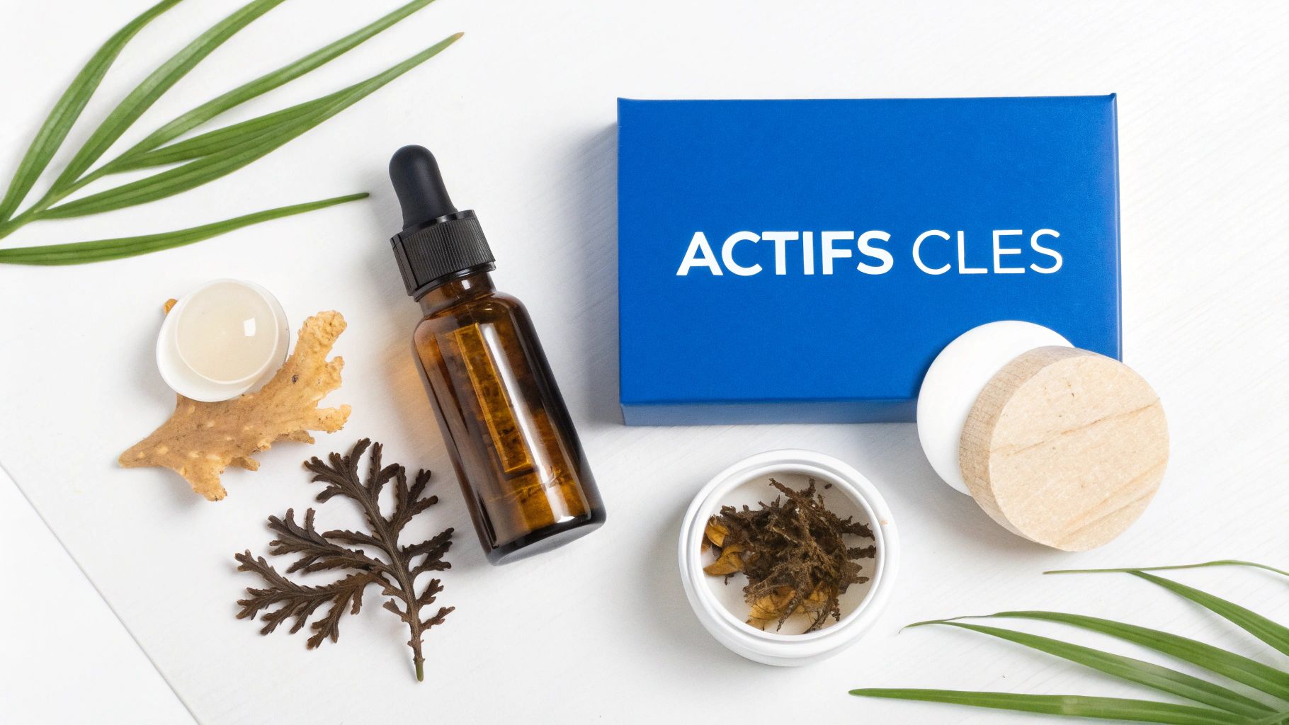 Plat de flacon compte-gouttes, boite bleue 'ACTIFS CLES', et ingrédients naturels pour les soins.