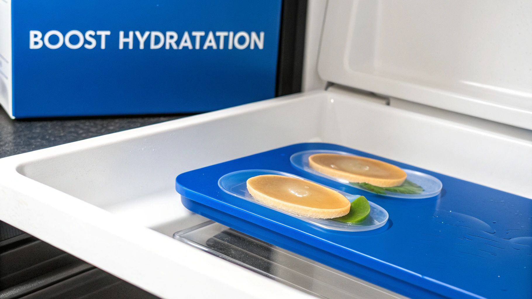 Boîte bleue avec "BOOST HYDRATATION", plateau bleu avec deux galets et feuilles vertes dans un évier.