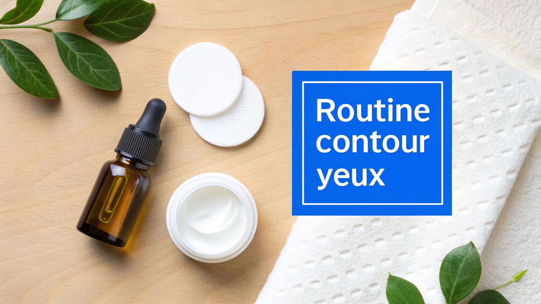 Produits de soin pour une routine contour des yeux, incluant sérum, crème et cotons, sur fond de bois clair.