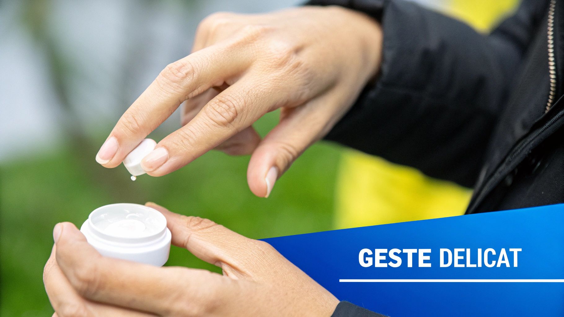 Mains délicates ouvrant un petit pot de crème blanche, une goutte de produit s'échappant du couvercle.