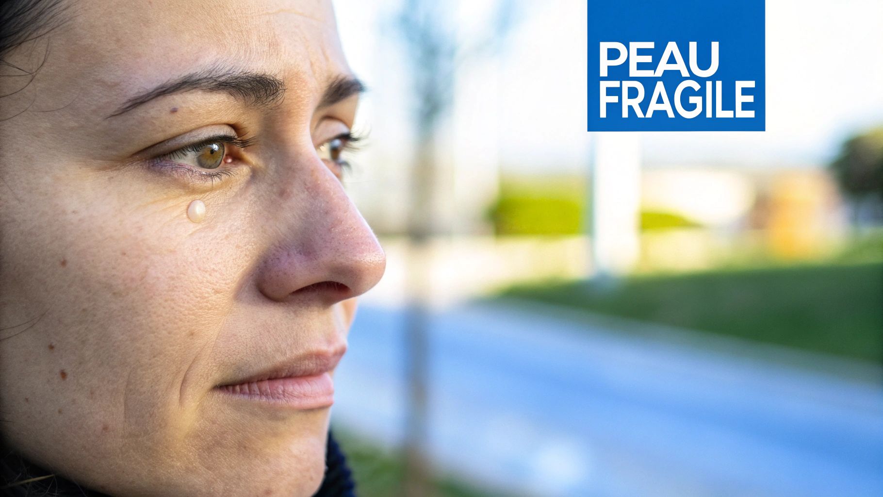 Gros plan sur le profil d'une femme, une larme visible sous son œil, avec le texte 'PEAU FRAGILE' en arrière-plan.