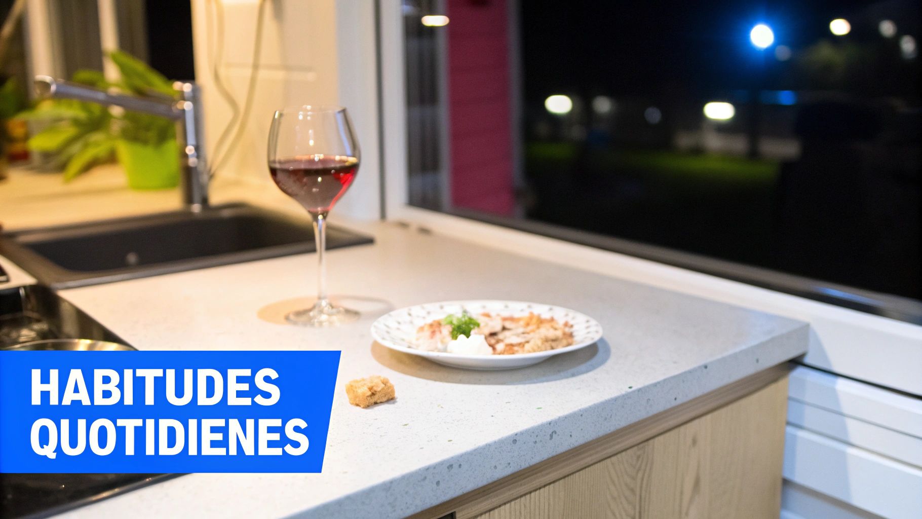 Cuisine moderne avec un verre de vin rouge et un plat préparé sur le comptoir, ambiance nocturne.