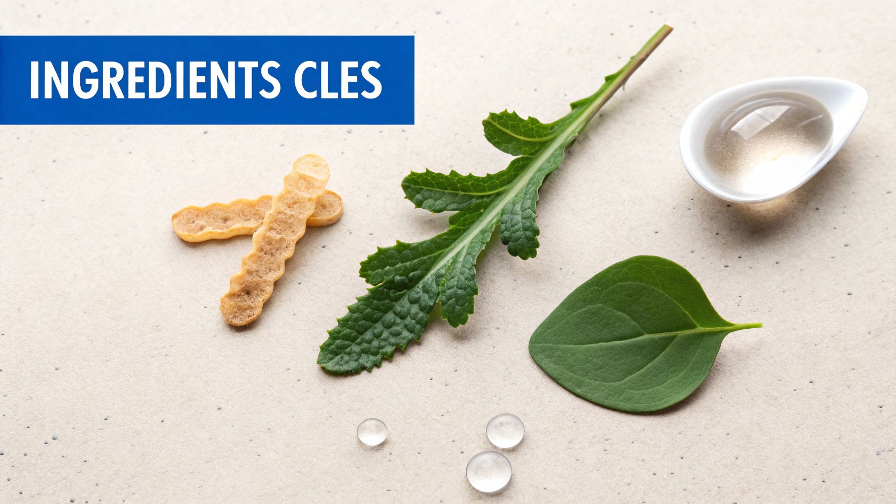 Gros plan sur des ingrédients clés : feuilles vertes, extraits botaniques séchés, et liquides clairs sur fond beige.