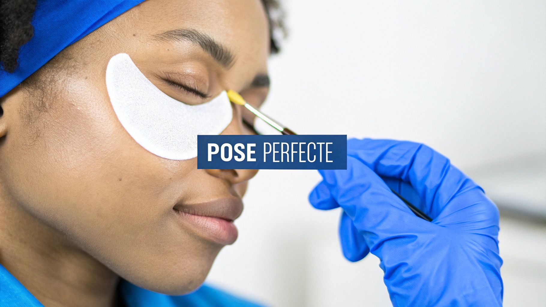 Une personne reçoit un soin du contour de l'œil avec des patchs et une brosse, pour une pose parfaite.